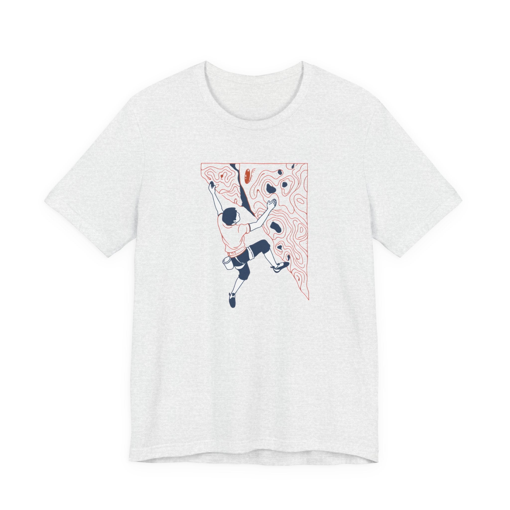 Ash t-shirt with illustration of a person climbing a rock wall on a white background