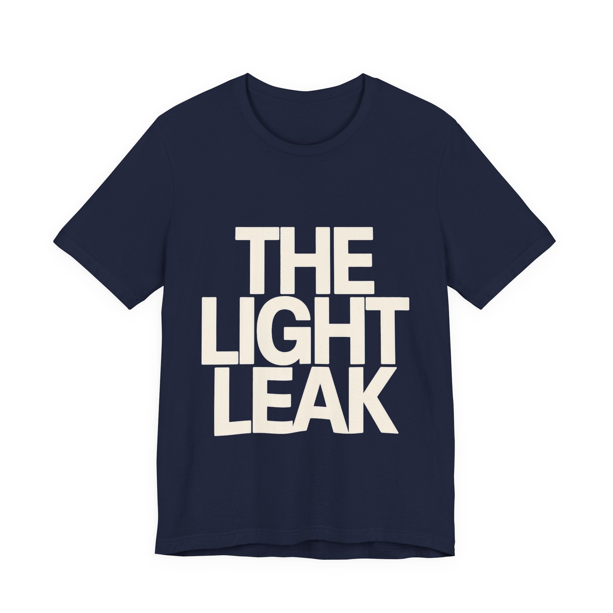 Navy blue t-shirt with 'THE LIGHT LEAK' text on a white background