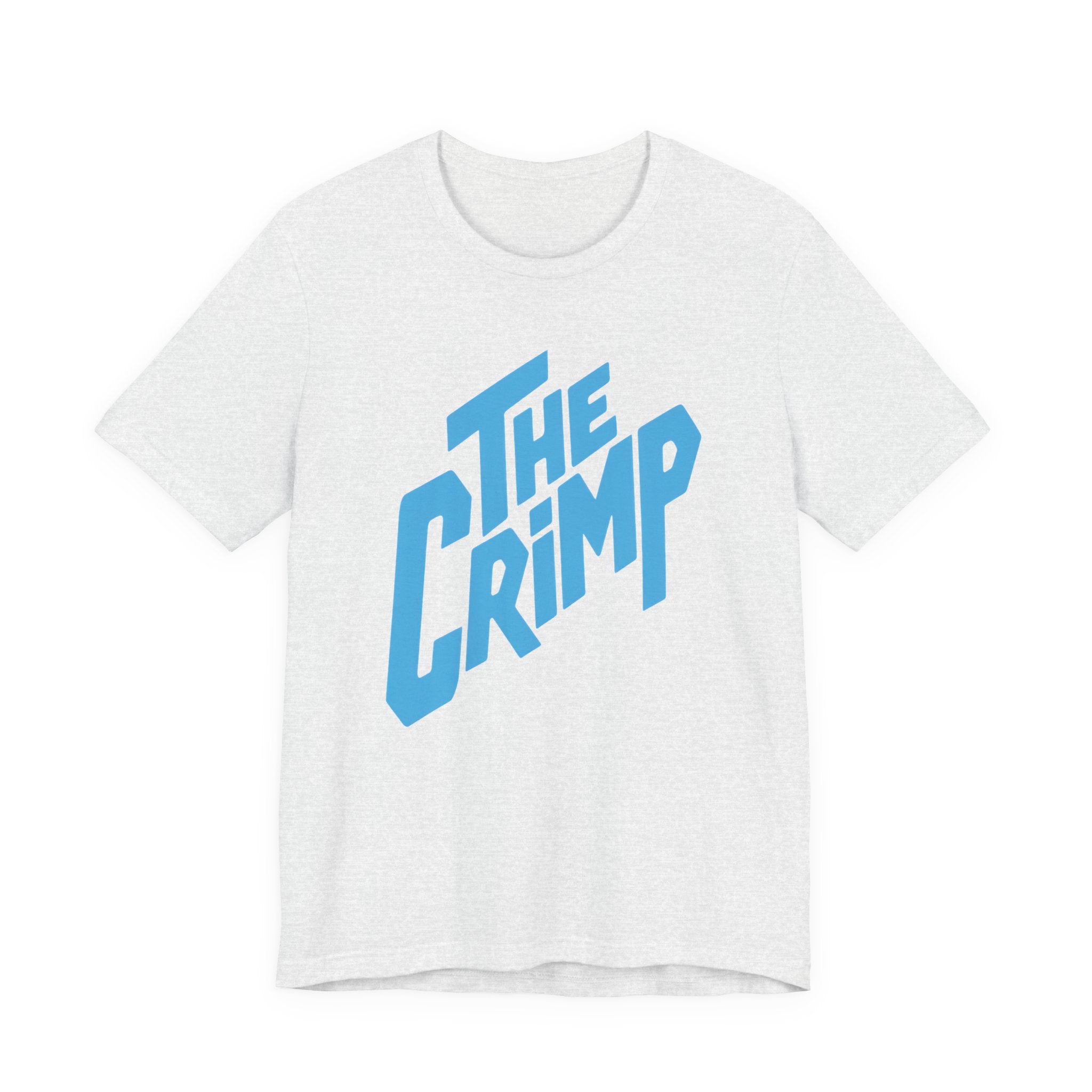White t-shirt with blue 'The Crimp' text on a white background