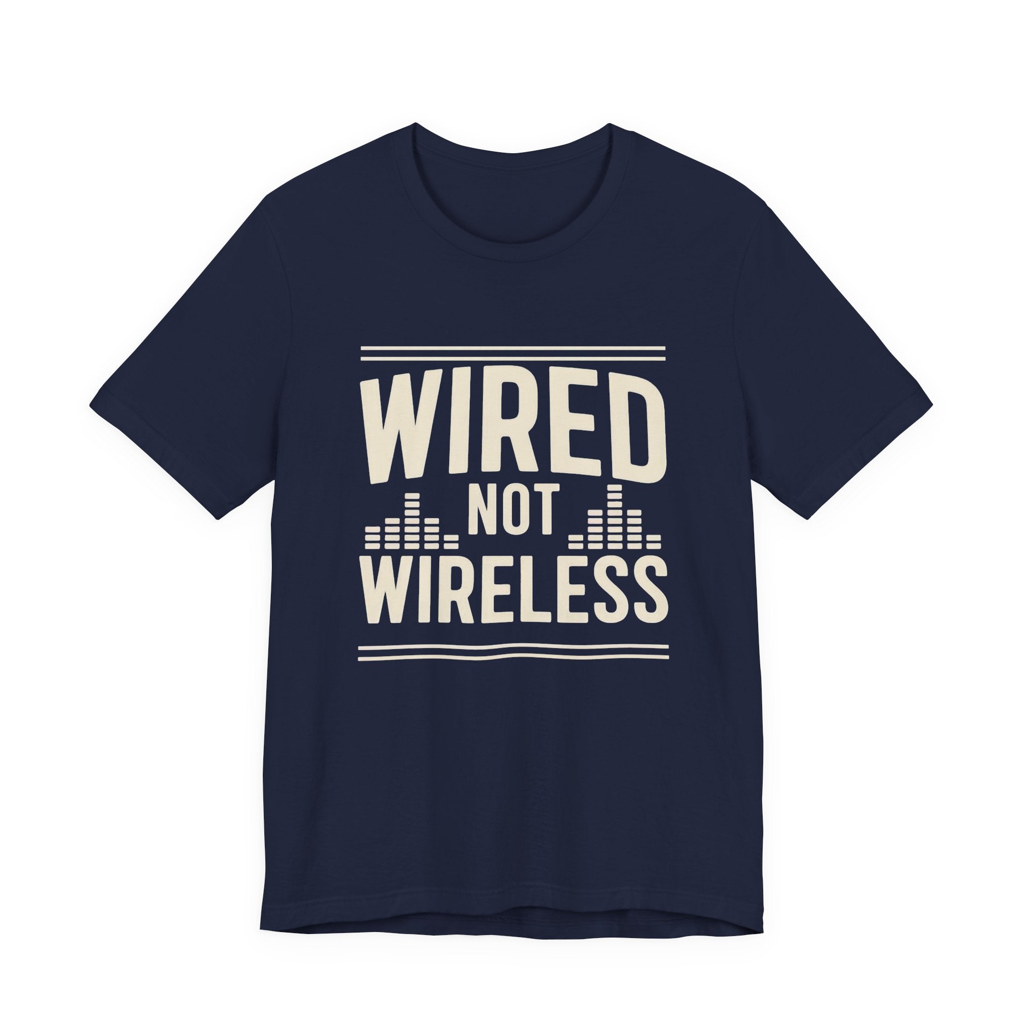 Navy t-shirt with 'WIRED NOT WIRELESS' text on a white background