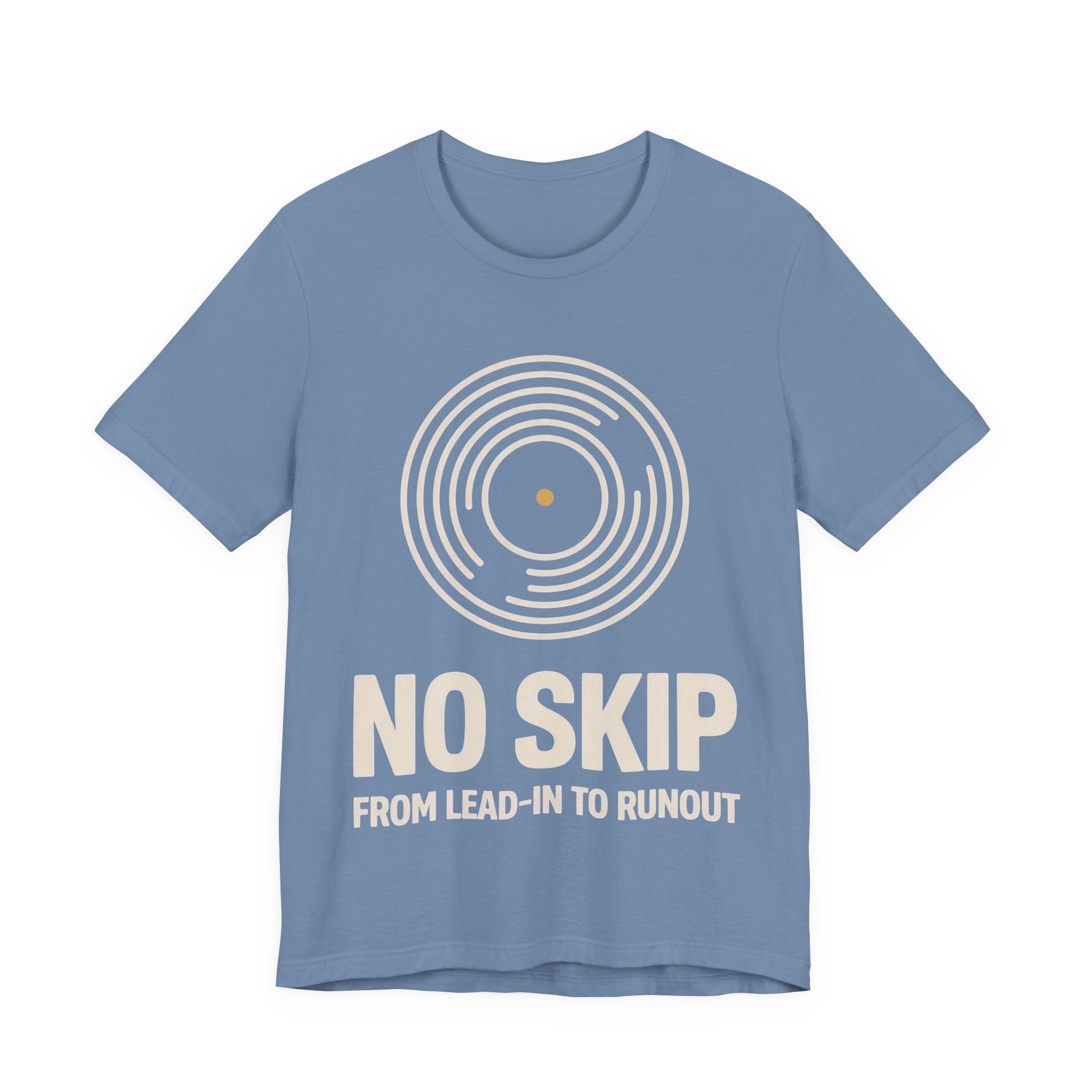 Blue t-shirt with 'No Skip' graphic design on a white background