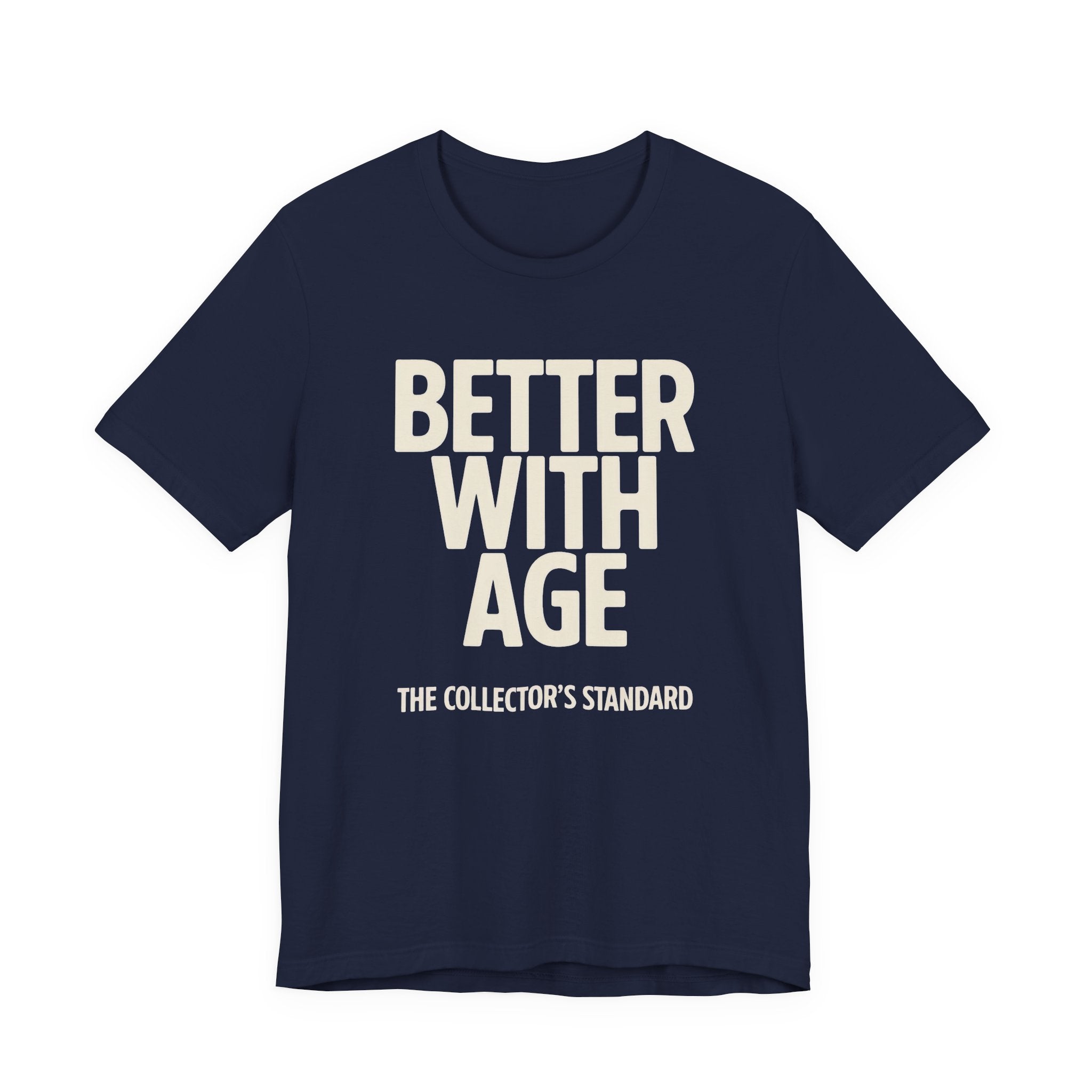 Navy t-shirt with 'Better With Age' text and graphic on a white background