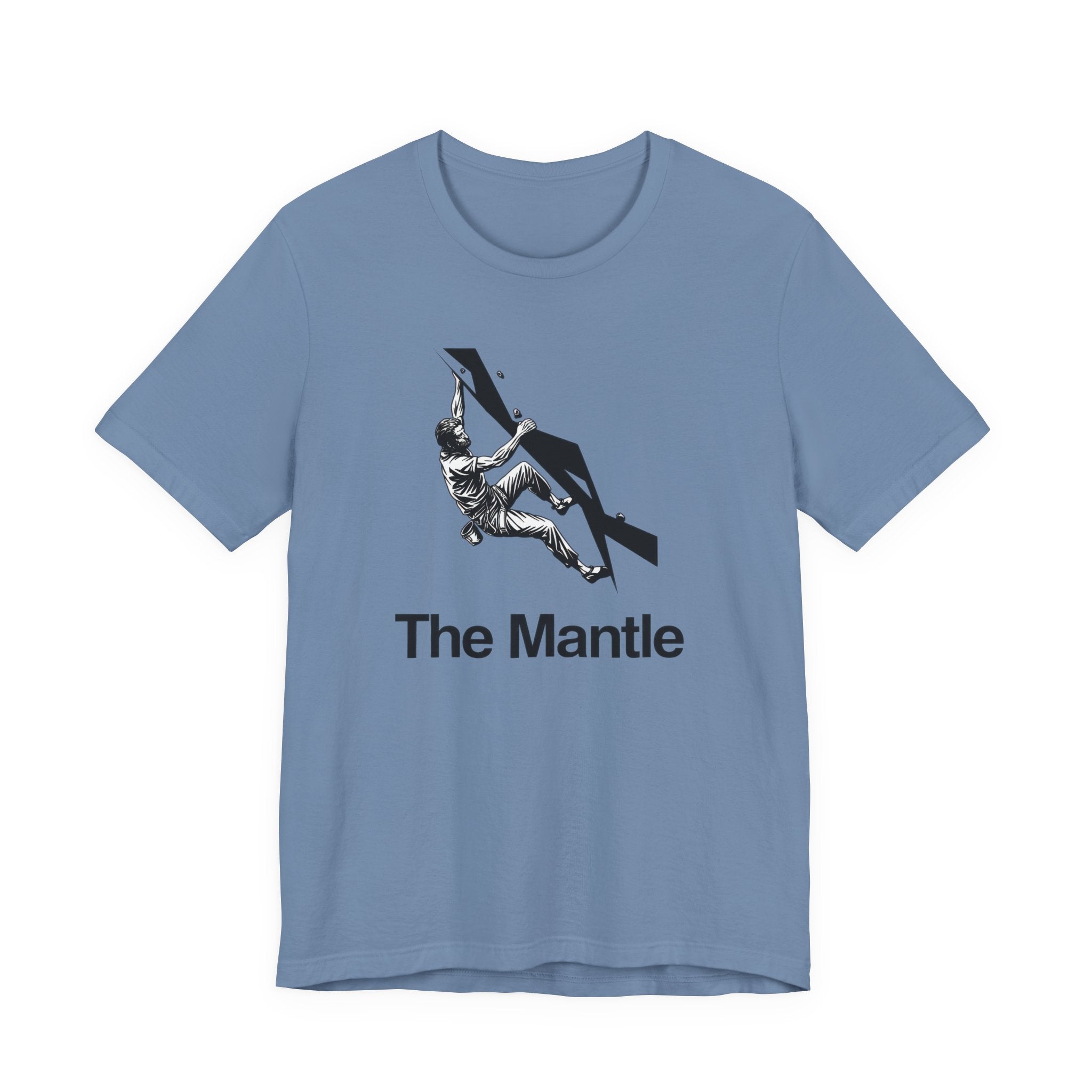 Blue t-shirt with 'The Mantle' graphic design on a white background