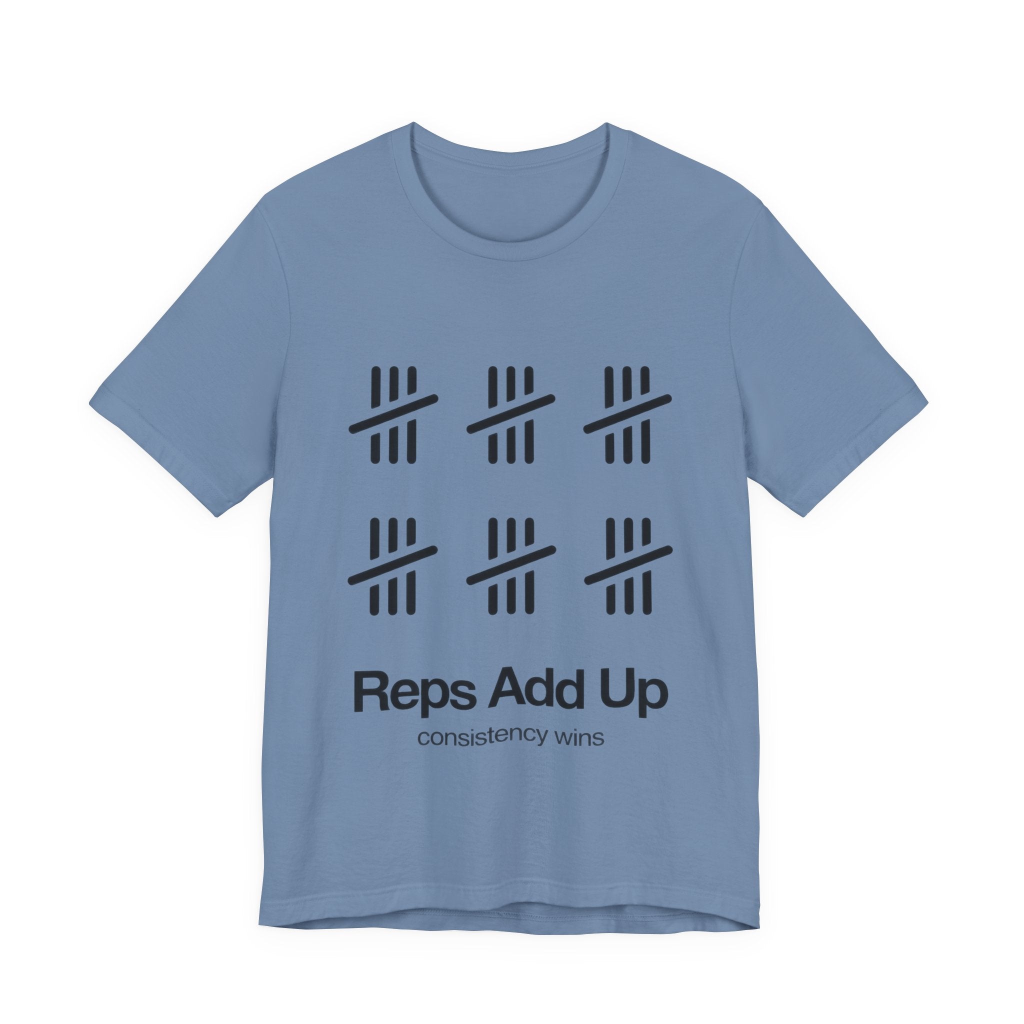 Blue t-shirt with black graphic design and text 'Reps Add Up, consistency wins' on a plain background