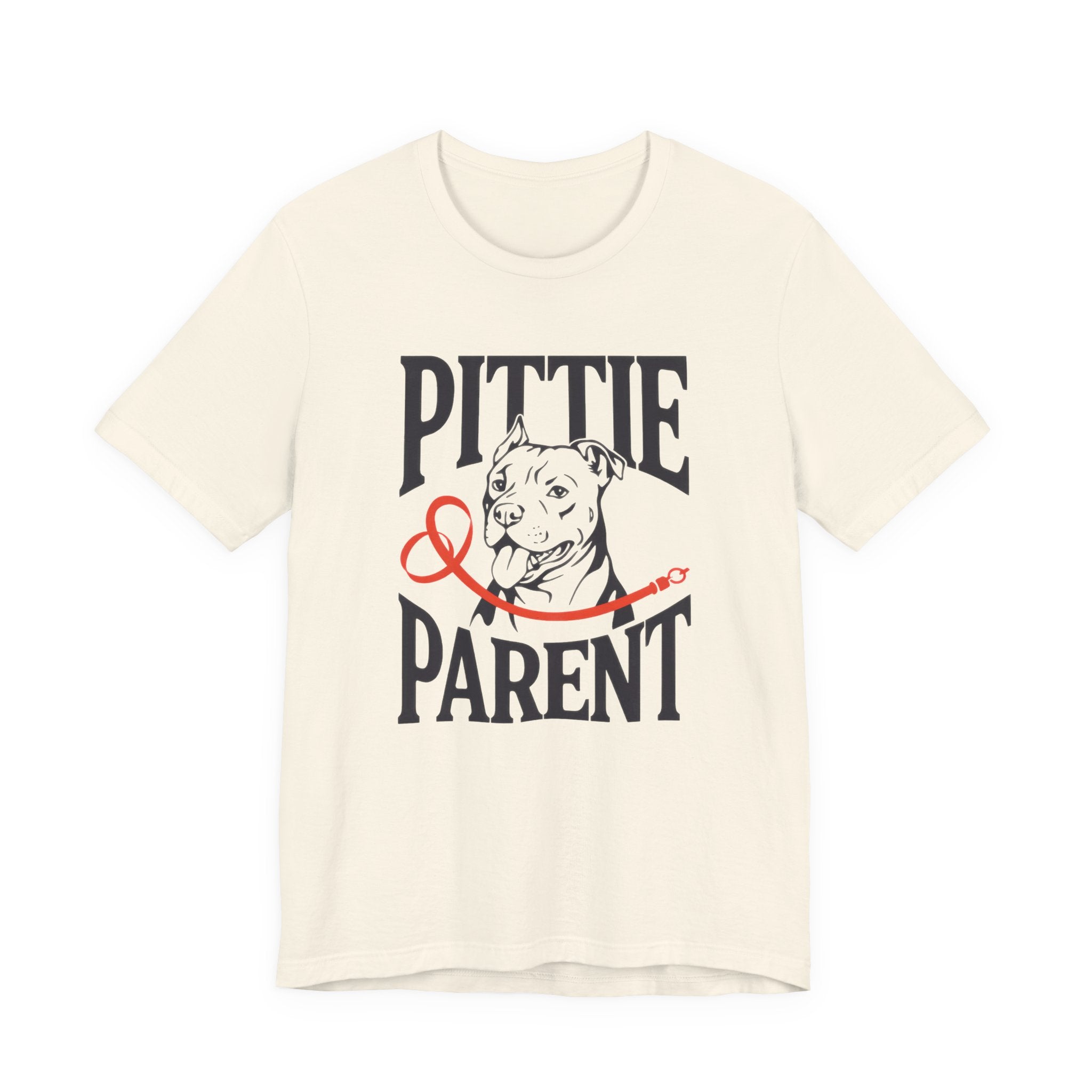 Beige t-shirt with 'Pittie & Parent' graphic on a white background