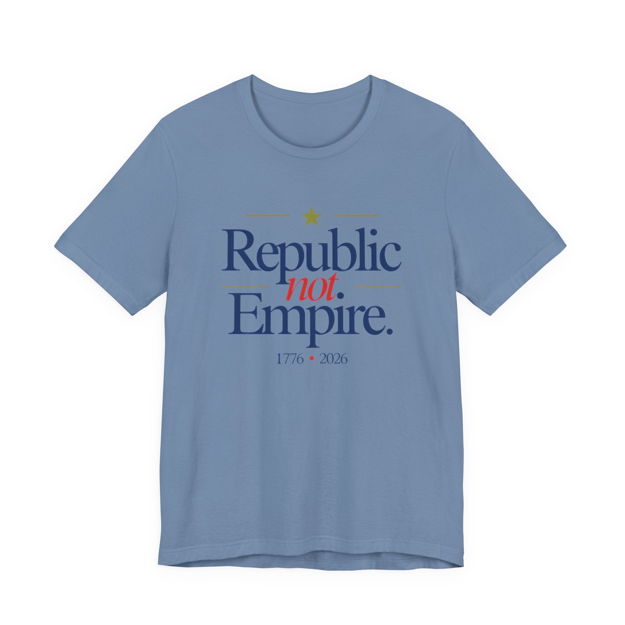 Blue t-shirt with 'Republic not Empire' text on a white background