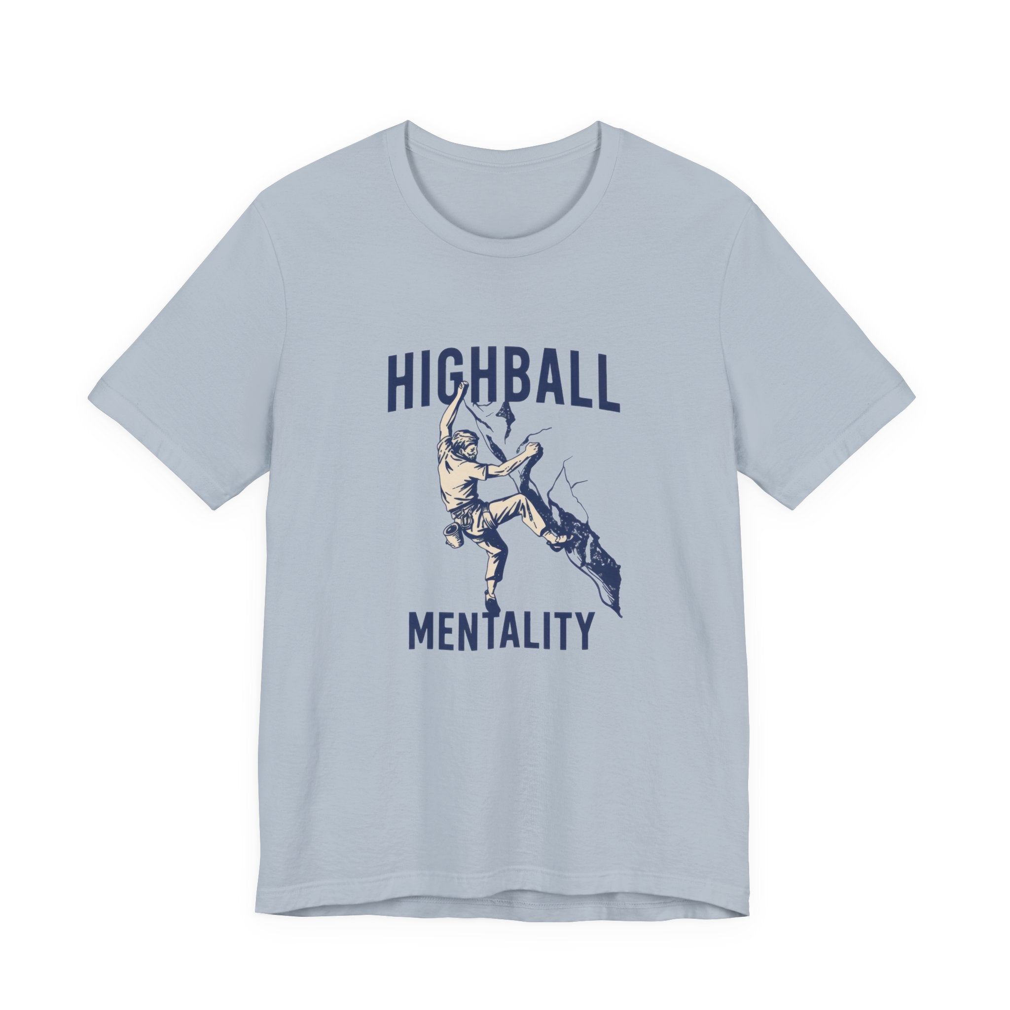 Light blue t-shirt with graphic design and text 'Highball Mentality' on a white background