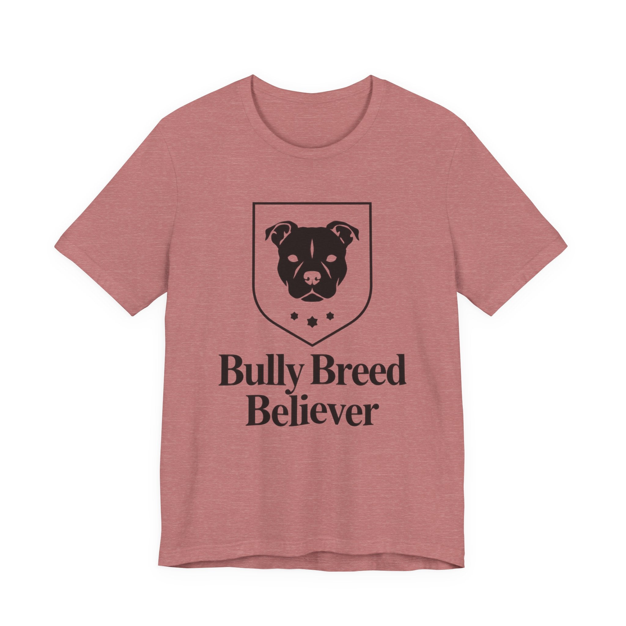 Mauve t-shirt with black graphic and 'Bully Breed Believer' text on a white background