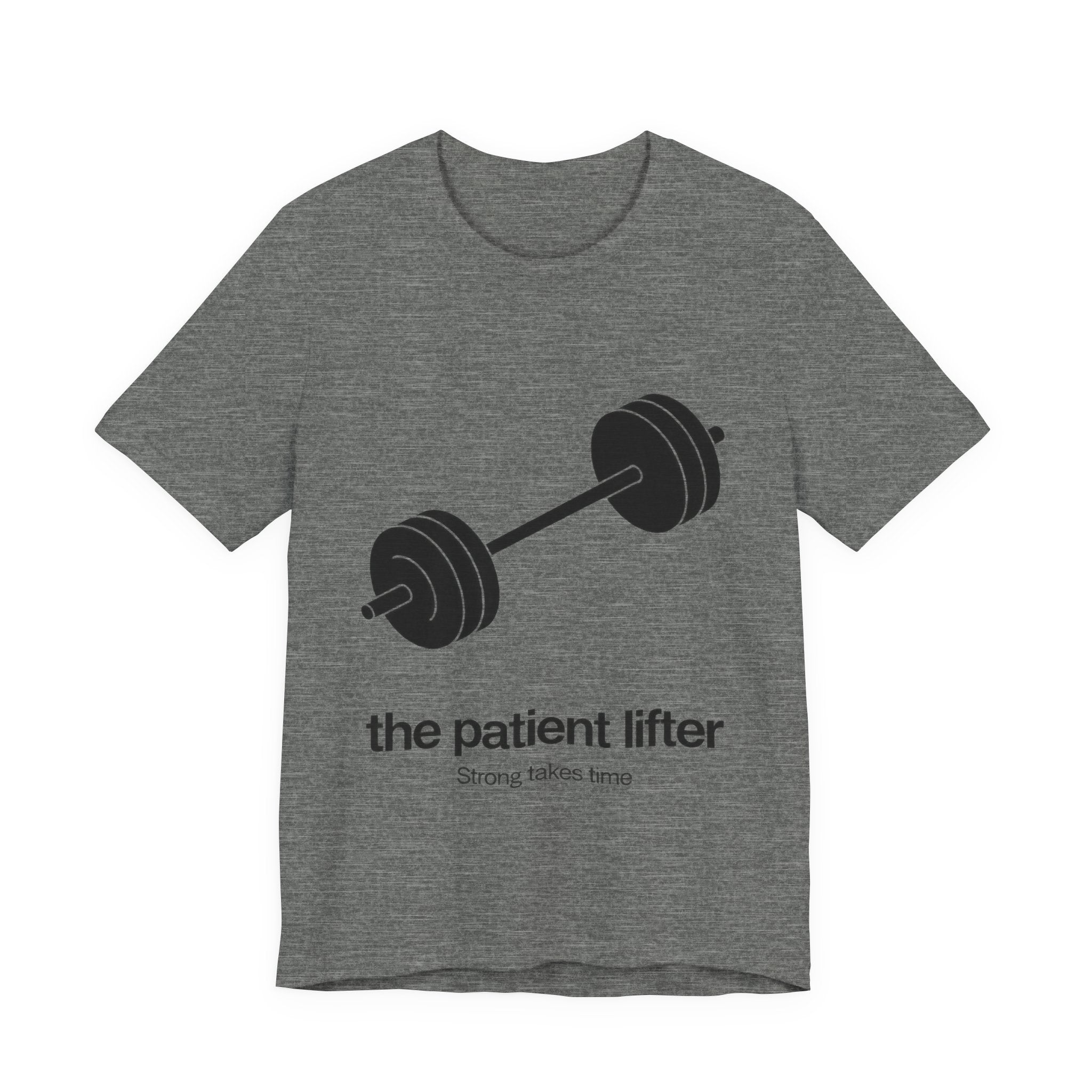 Gray t-shirt with a barbell graphic and 'the patient lifter' text on a white background