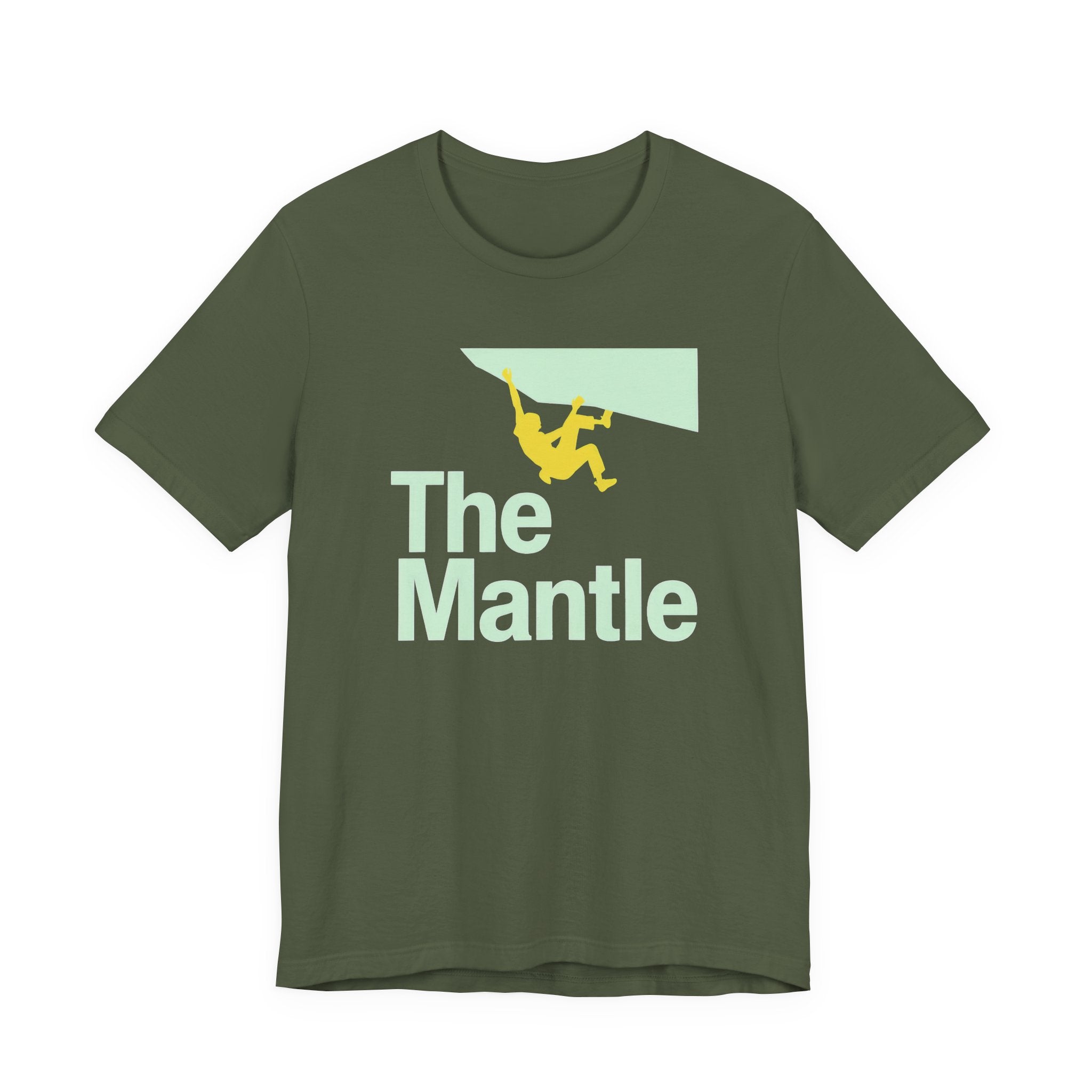 Green t-shirt with 'The Mantle' graphic design on a white background