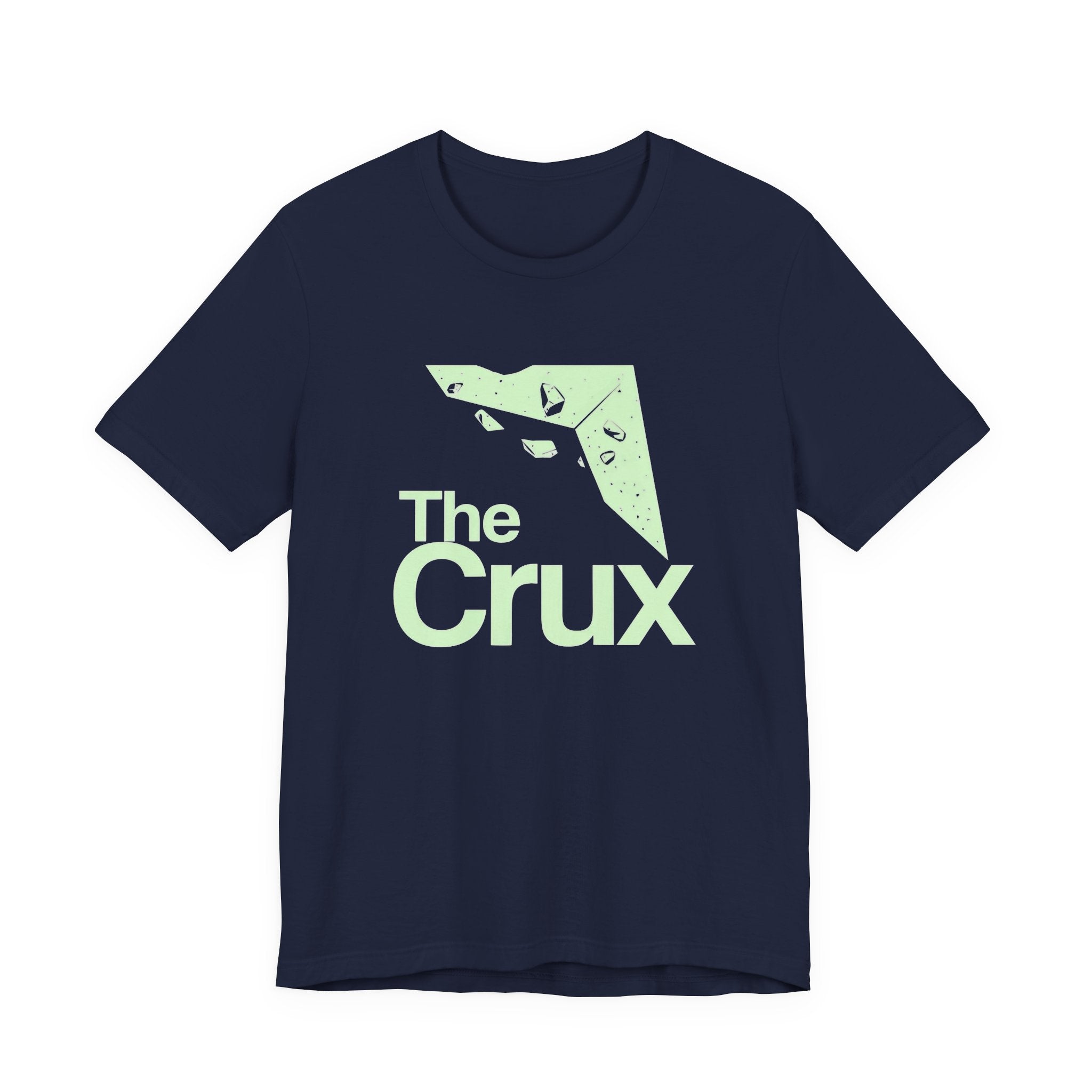 Navy blue t-shirt with 'The Crux' logo on a white background