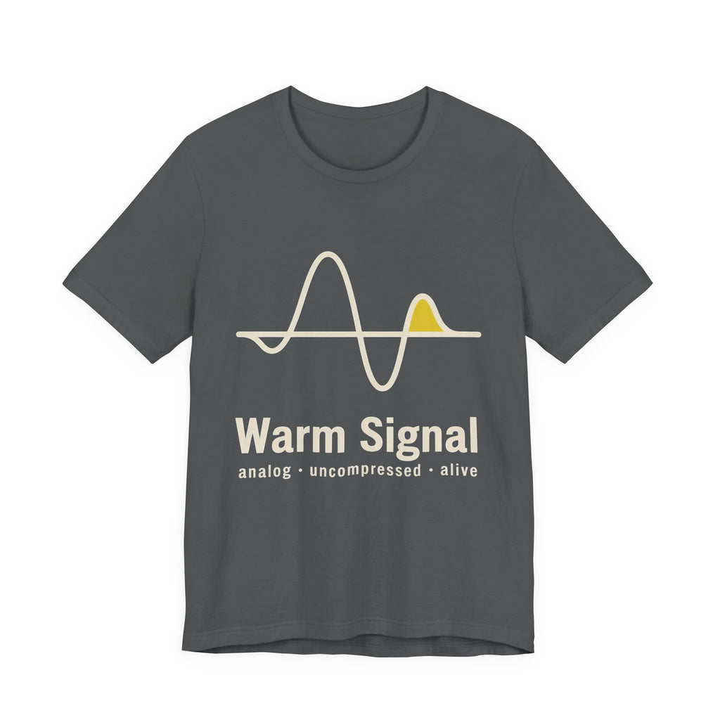 Gray t-shirt with a wave design and 'Warm Signal' text on a white background