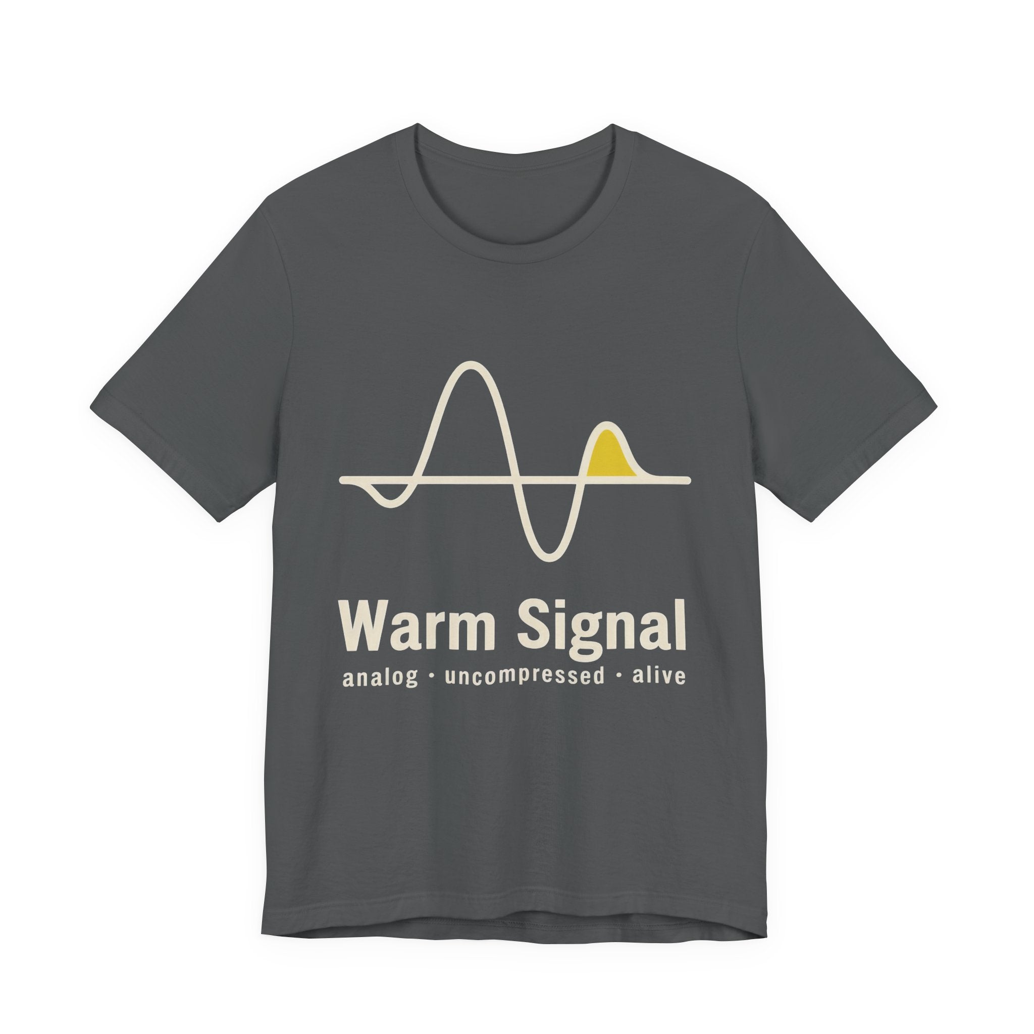 Gray t-shirt with a wave design and 'Warm Signal' text on a white background