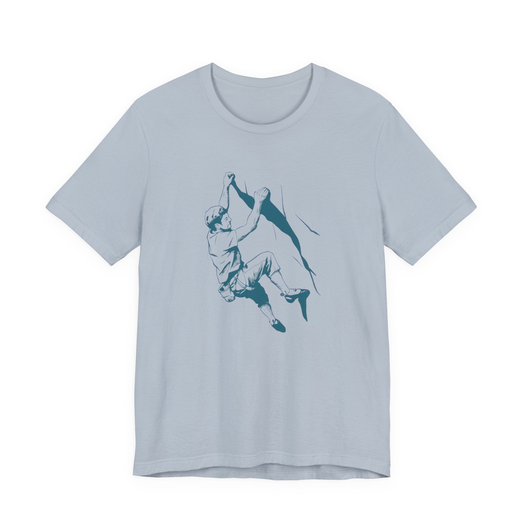 Light blue t-shirt with a blue climbing graphic design on a white background