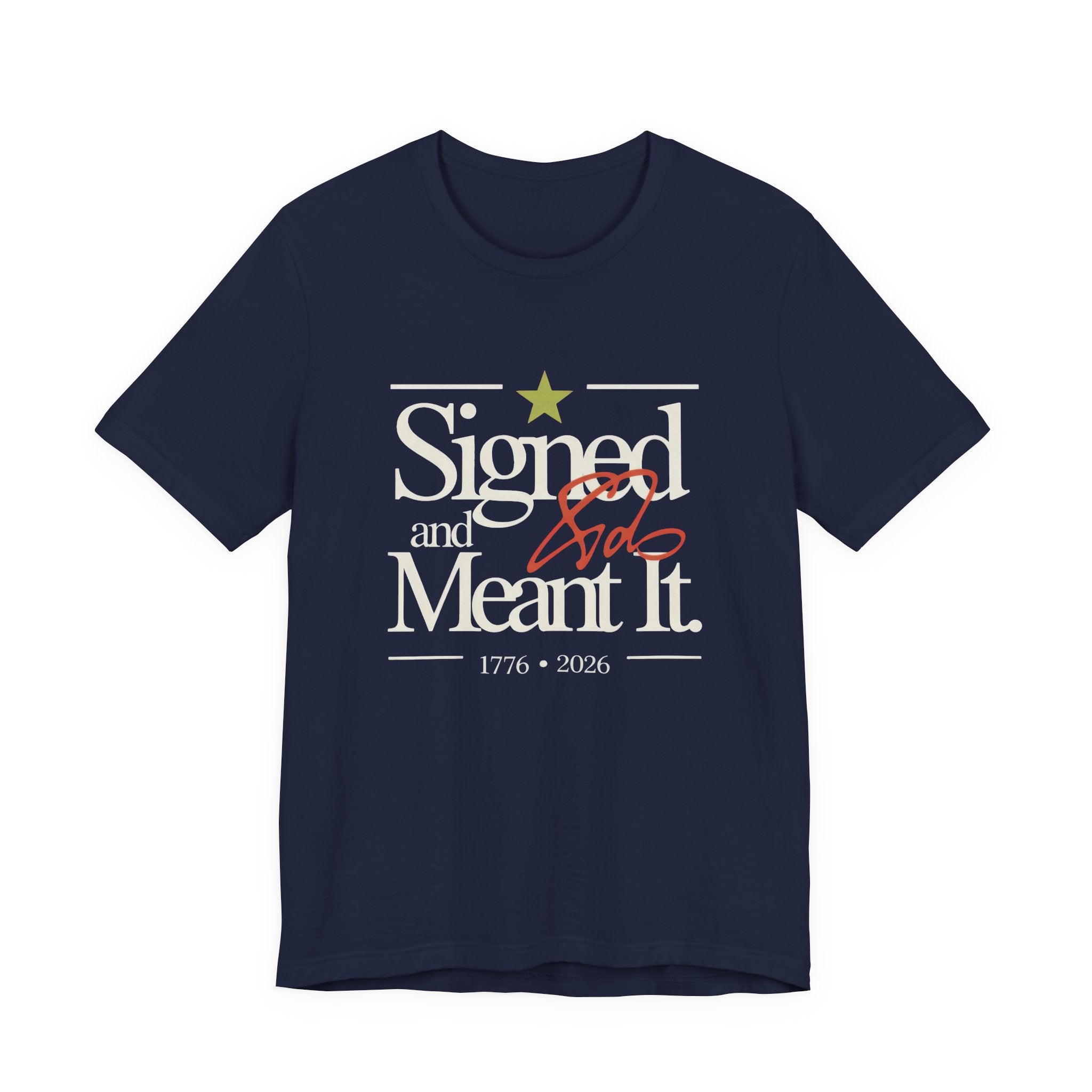 Navy blue t-shirt with 'Signed and Meant It' text and star design 