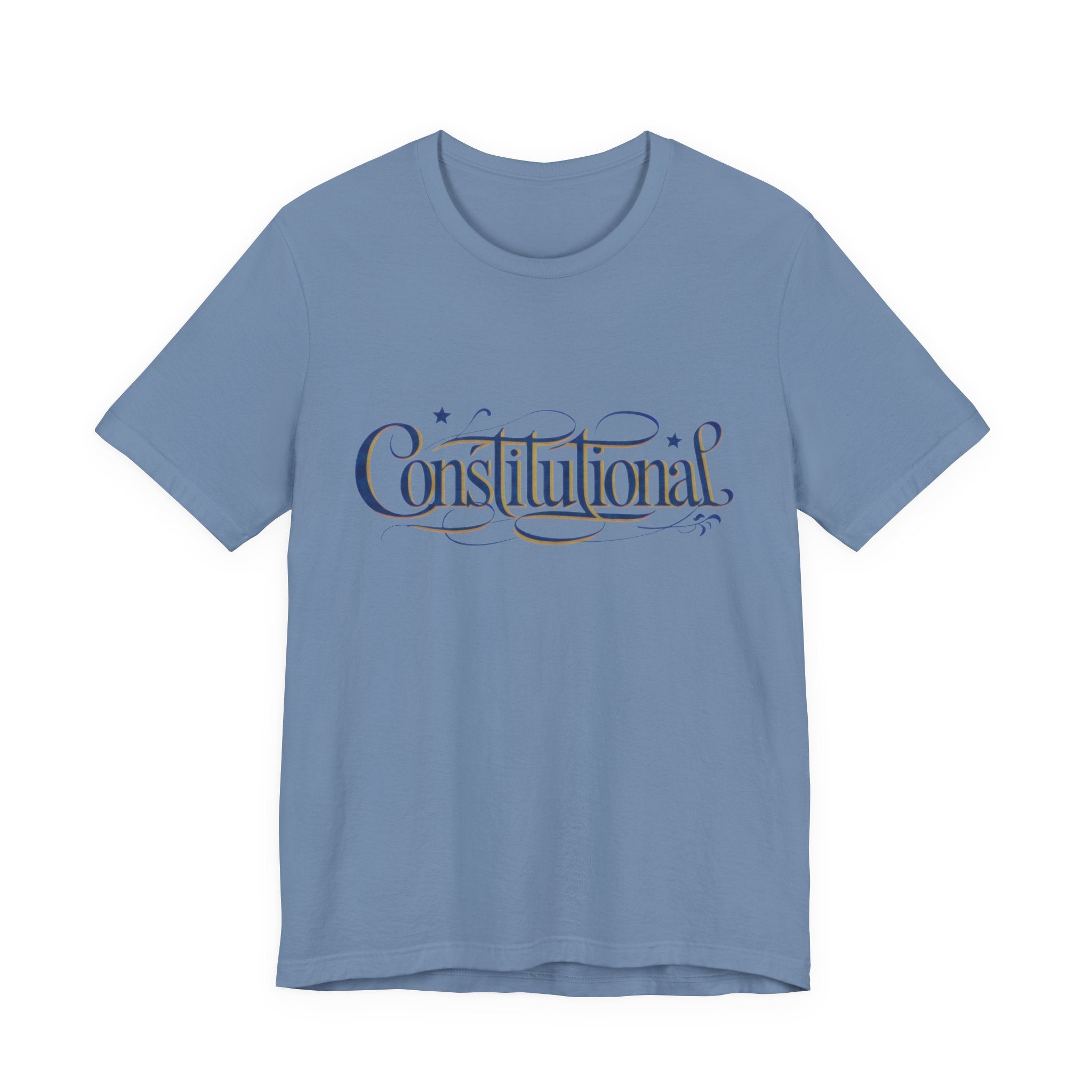 Blue t-shirt with 'Constitutional' text on a white background