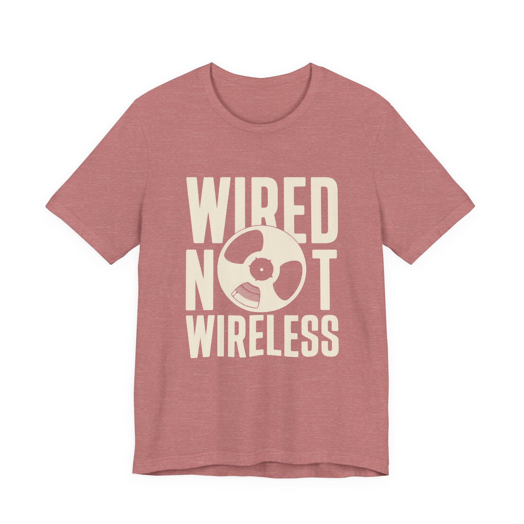 Red t-shirt with 'Wired Not Wireless' text and graphic on a white background