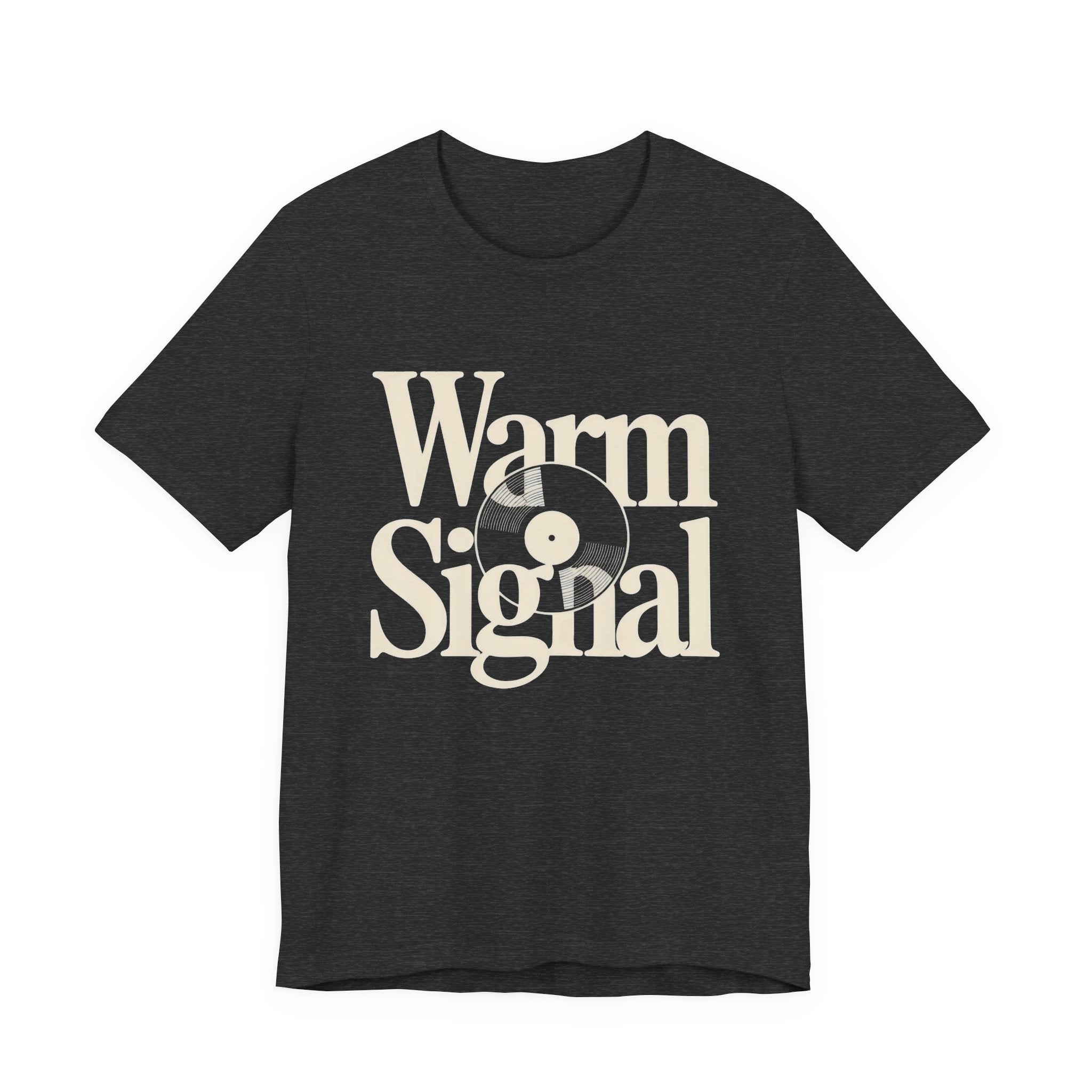 Dark gray t-shirt with 'Warm Signal' text and vinyl record graphic on a white background