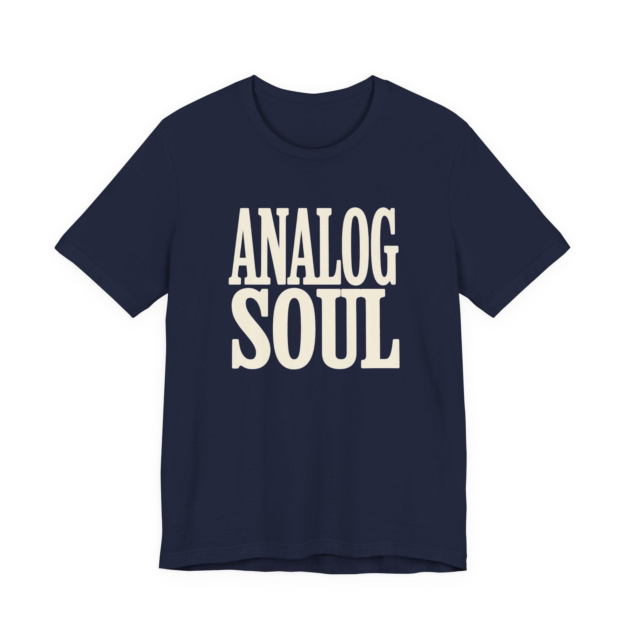 Navy t-shirt with white text 'Analog Soul' on a white background