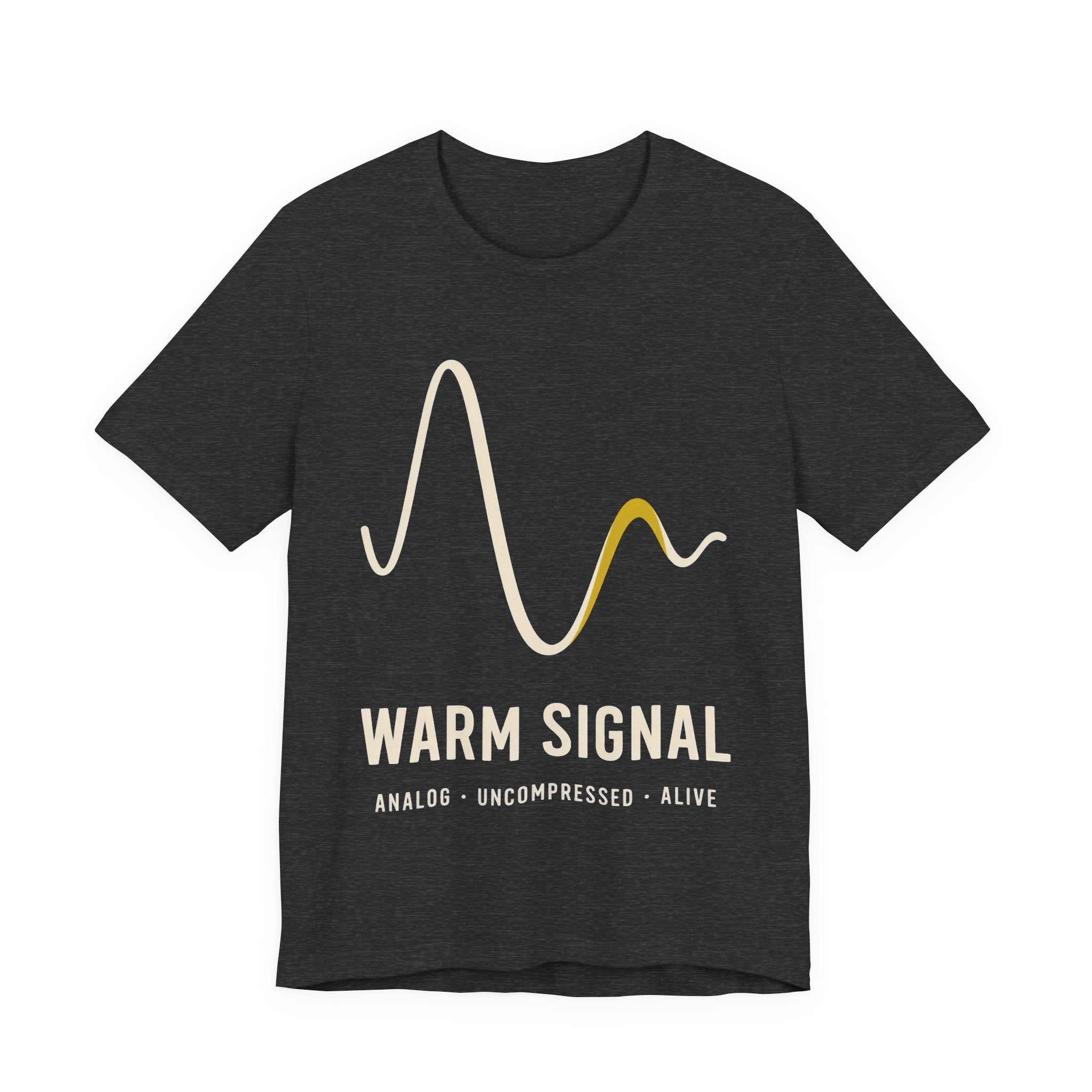 Black t-shirt with 'Warm Signal' design on a white background