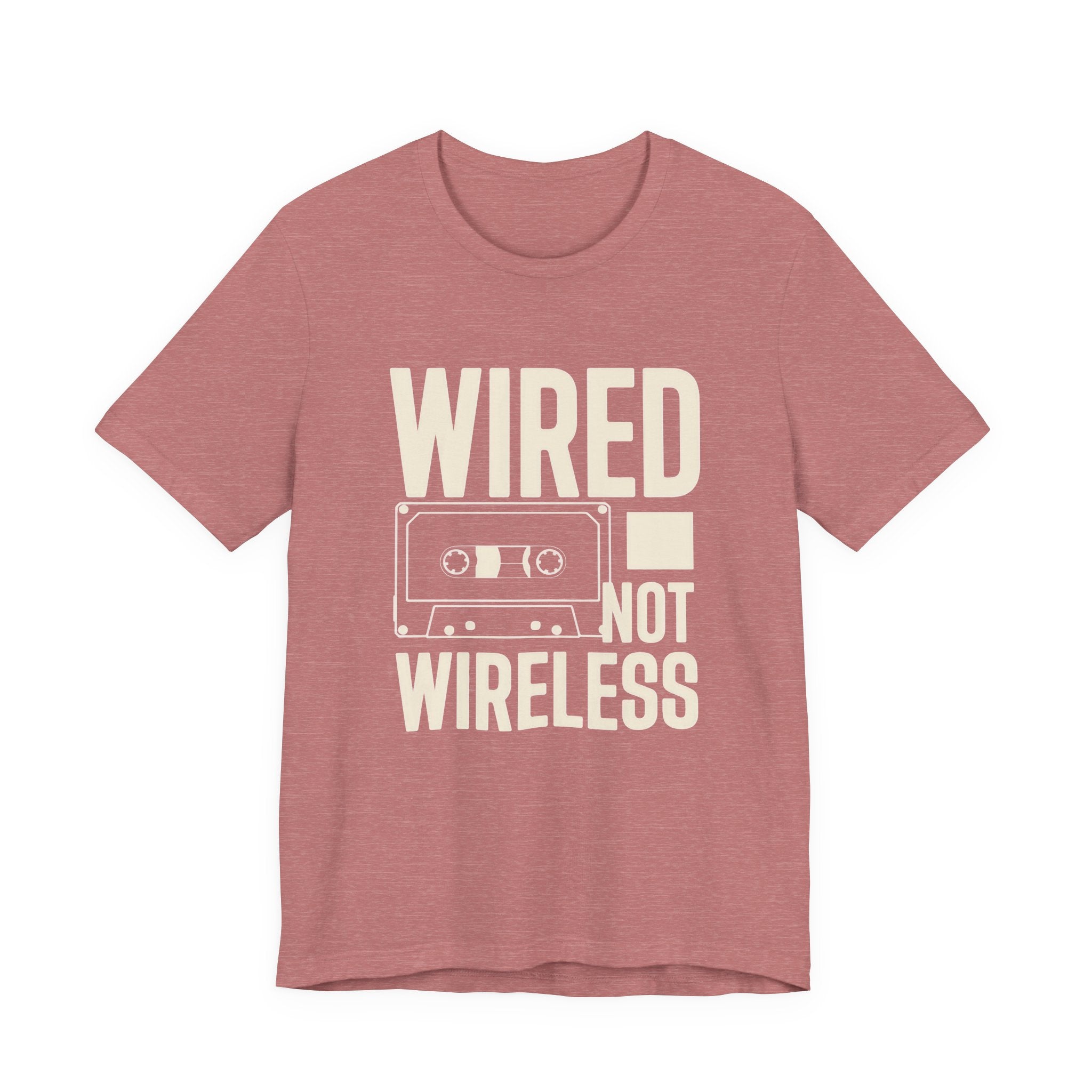 Red t-shirt with 'WIRED NOT WIRELESS' text and cassette tape graphic on a white background