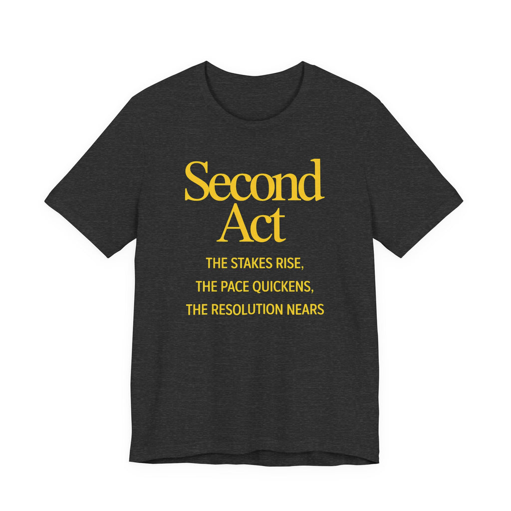 Black t-shirt with 'SECOND ACT' text on a white background