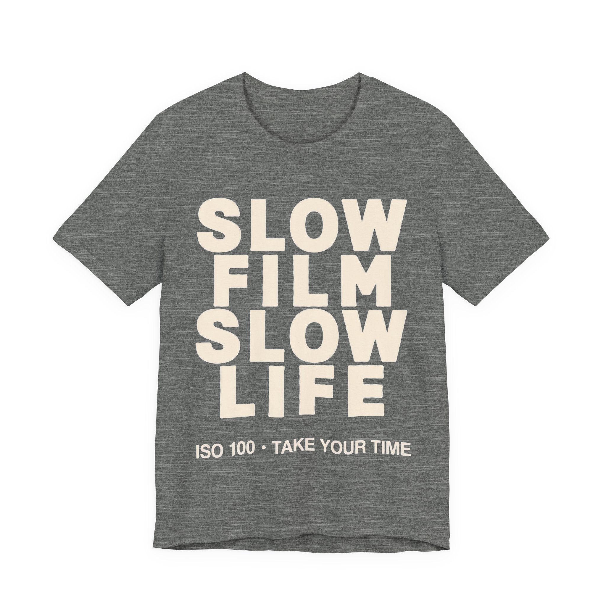 Gray t-shirt with 'Slow Film Slow Life' text on a white background