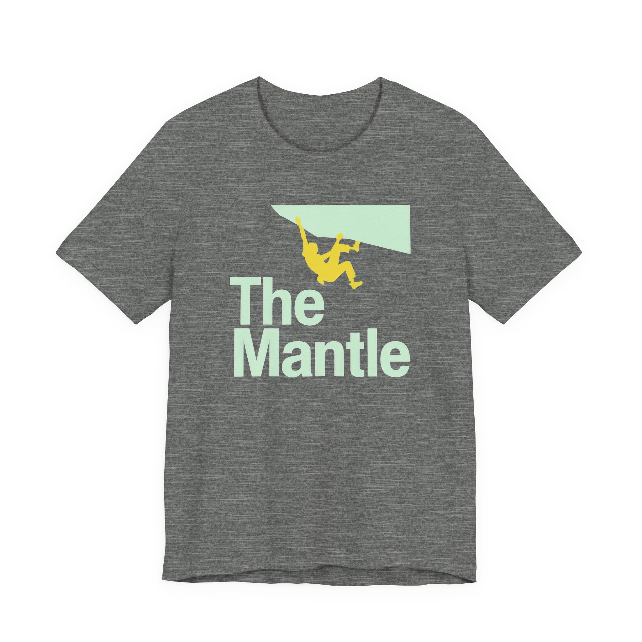 Gray t-shirt with 'The Mantle' graphic design on a white background