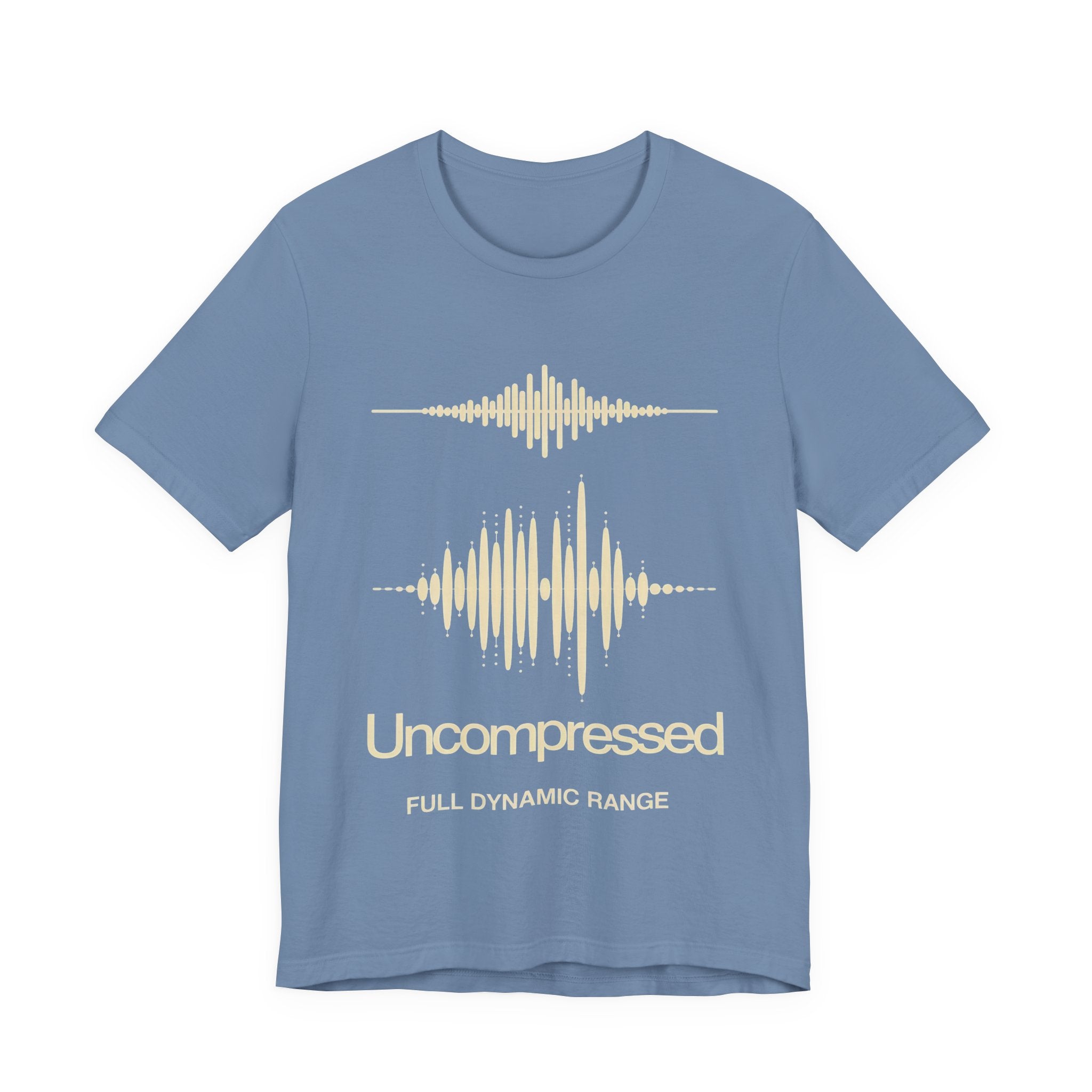 Blue t-shirt with audio waveform design and 'Uncompressed' text on a white background