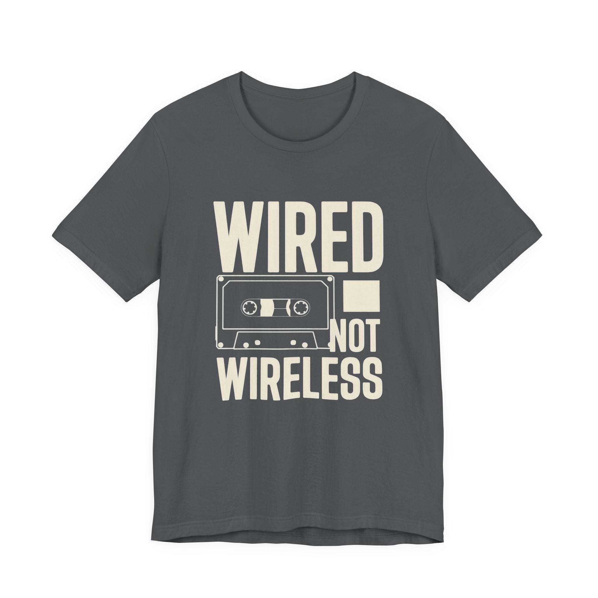 Gray t-shirt with 'WIRED NOT WIRELESS' text and cassette tape graphic on a white background