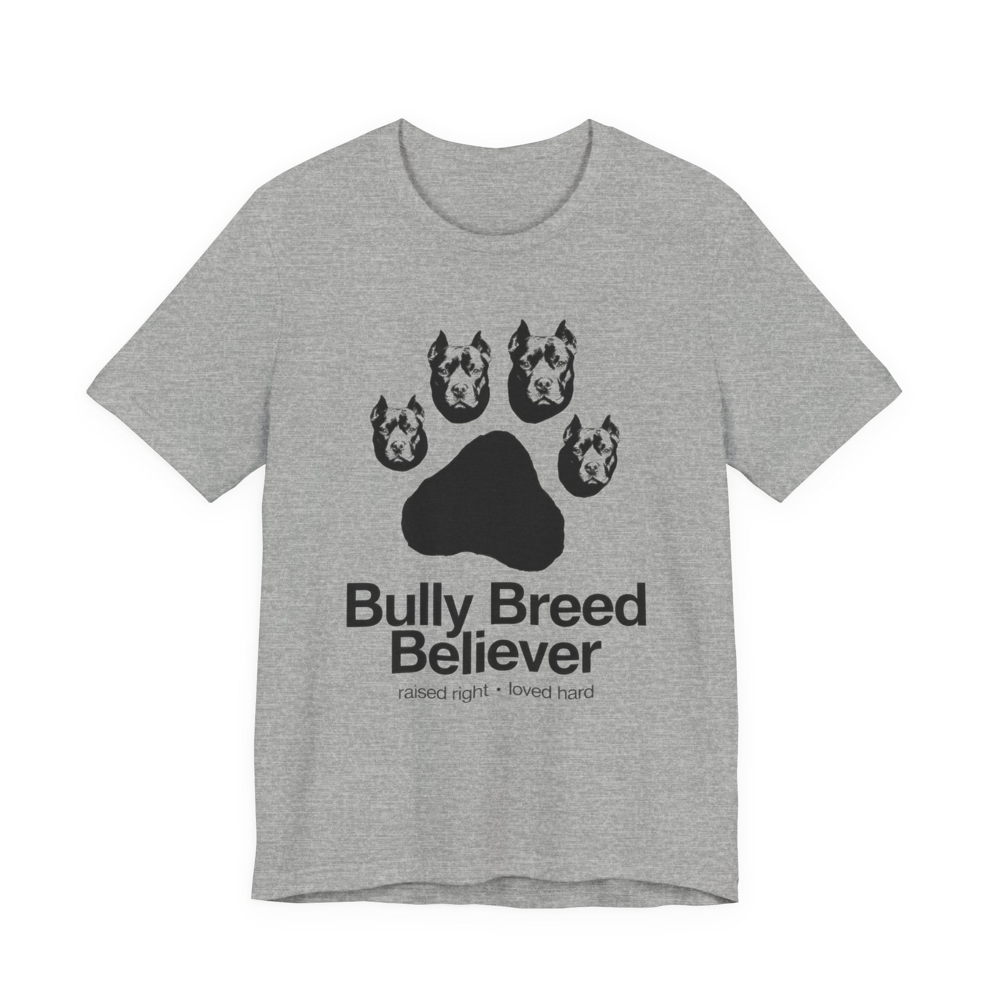 Gray t-shirt with graphic of dog heads and text 'Bully Breed Believer' on a white background