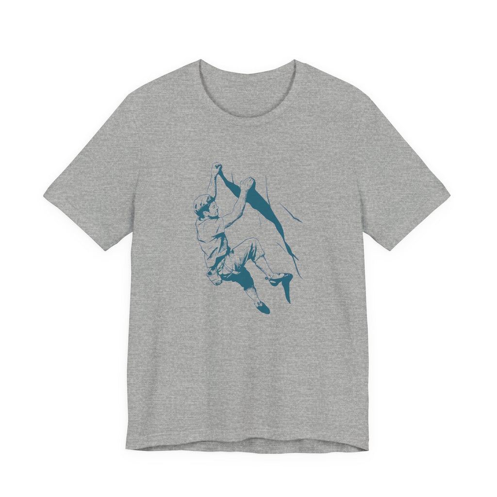 Gray t-shirt with a blue climbing graphic design on a white background