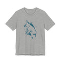 Gray t-shirt with a blue climbing graphic design on a white background