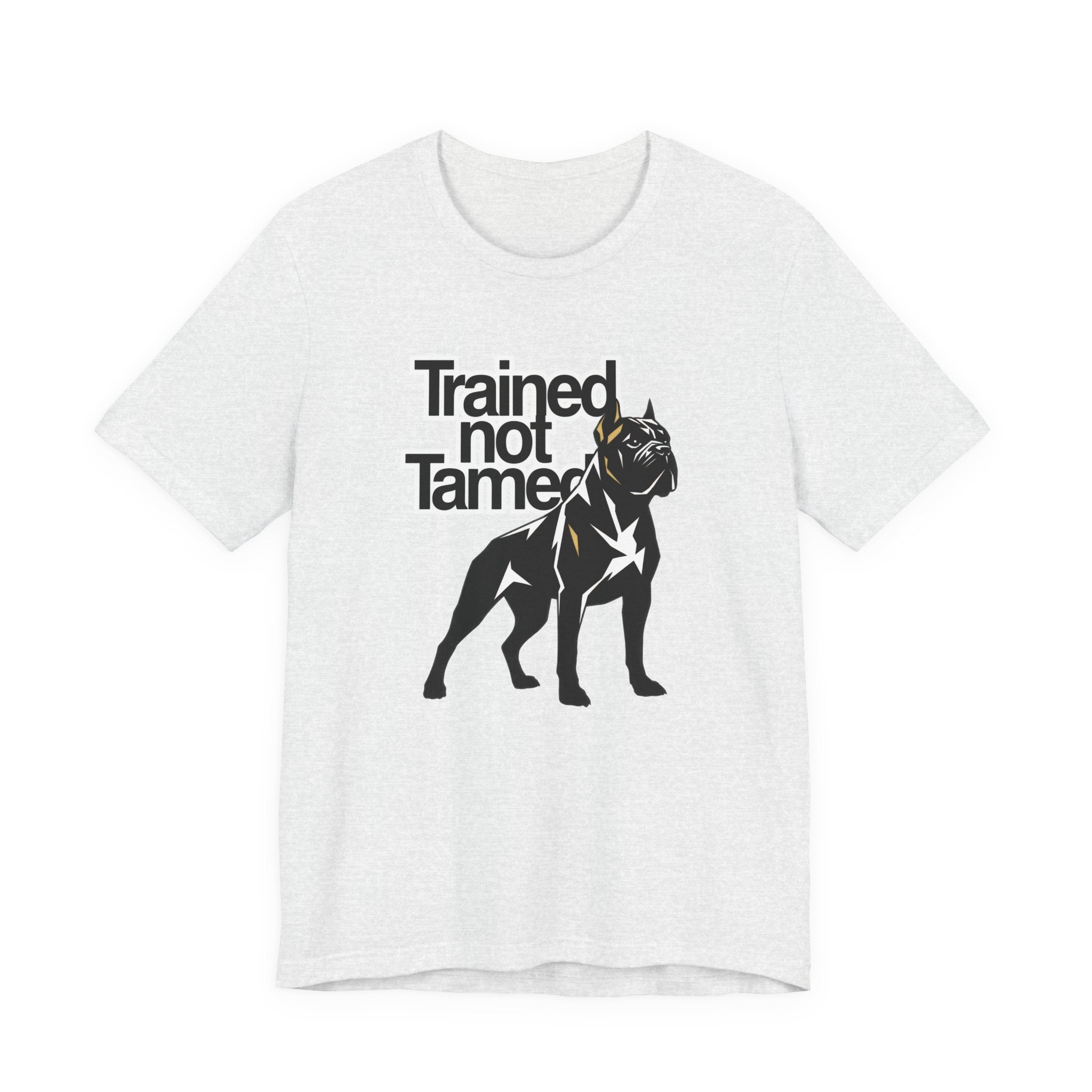 Ash t-shirt with black dog graphic and text 'Trained Not Tamed' on a white background