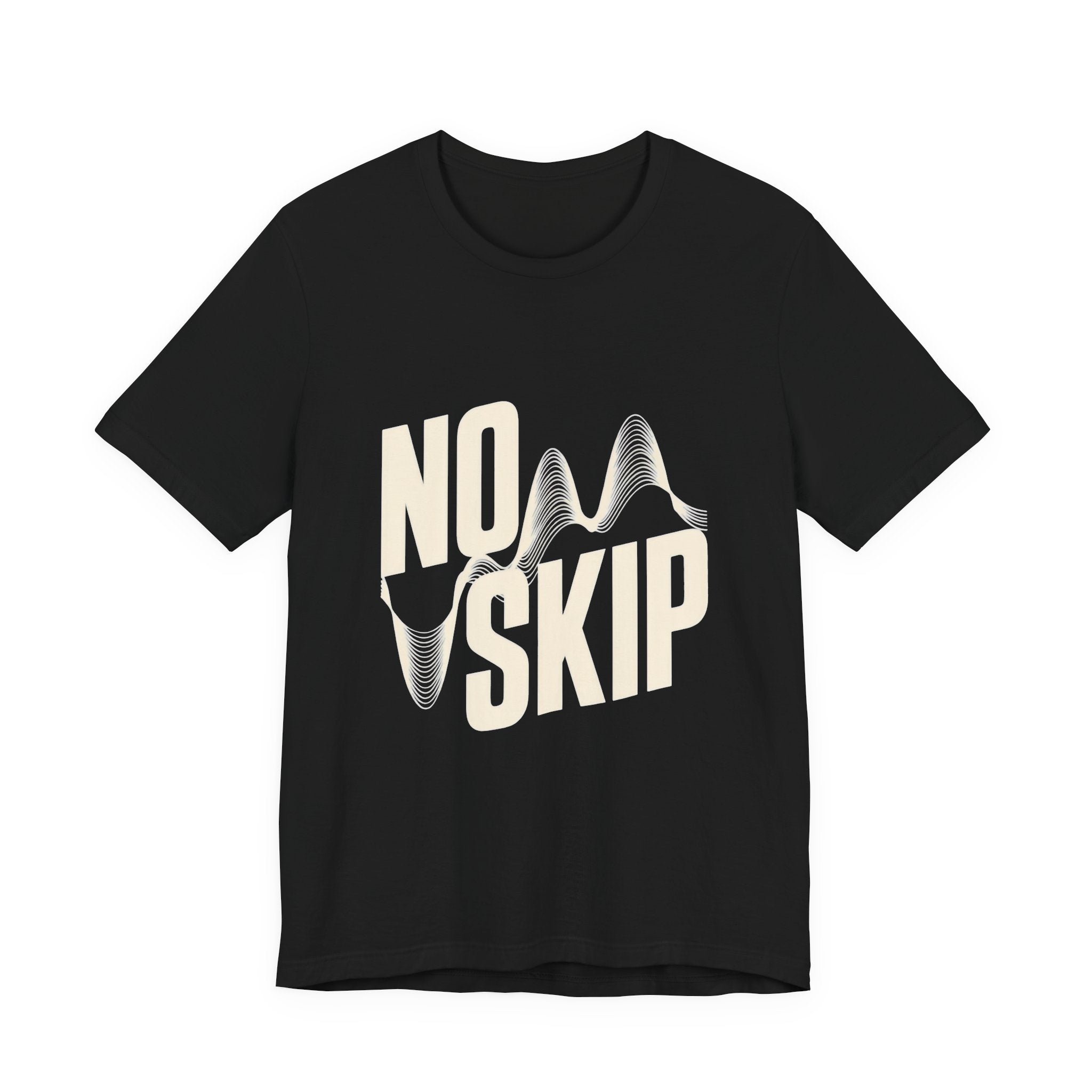 Black t-shirt with 'NO SKIP' text design on a white background