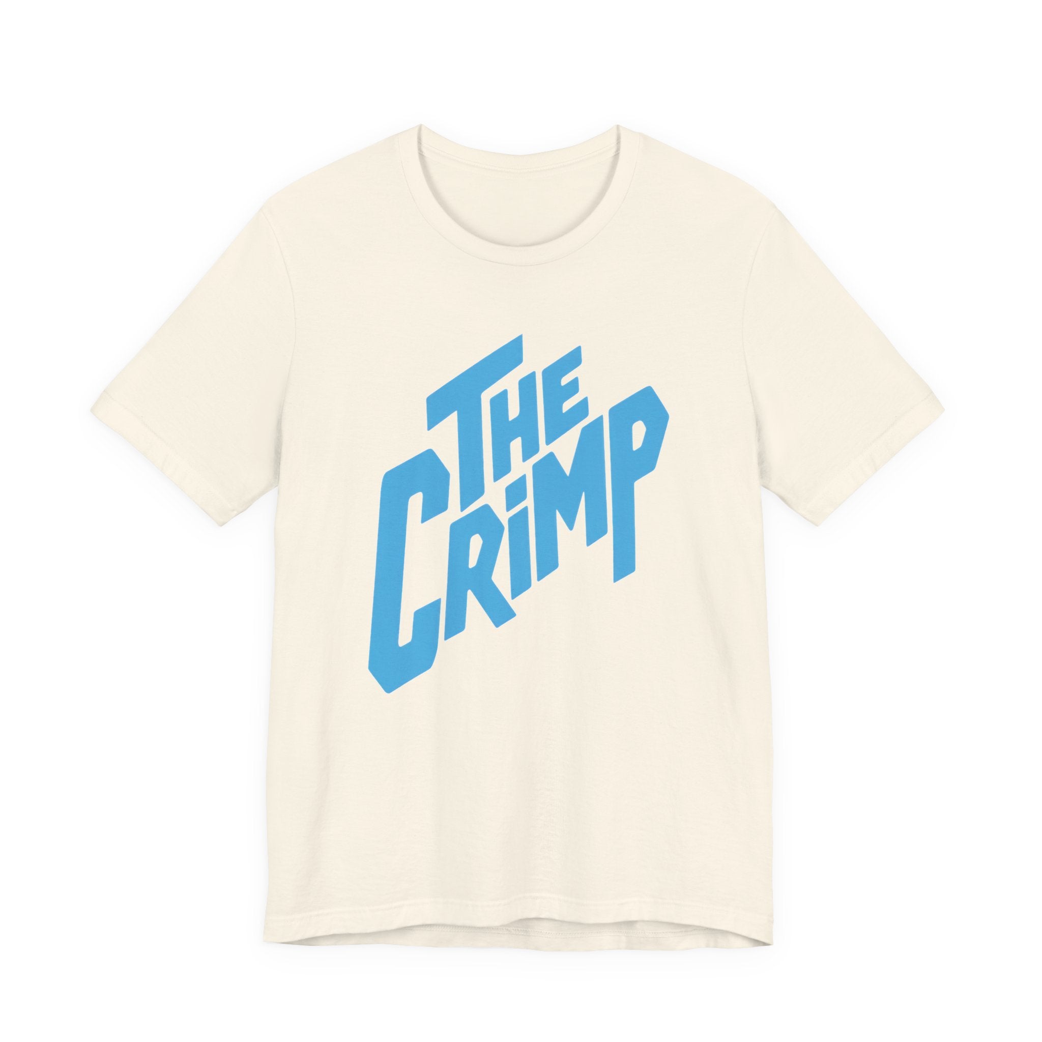 Beige t-shirt with blue 'The Crimp' text on a white background