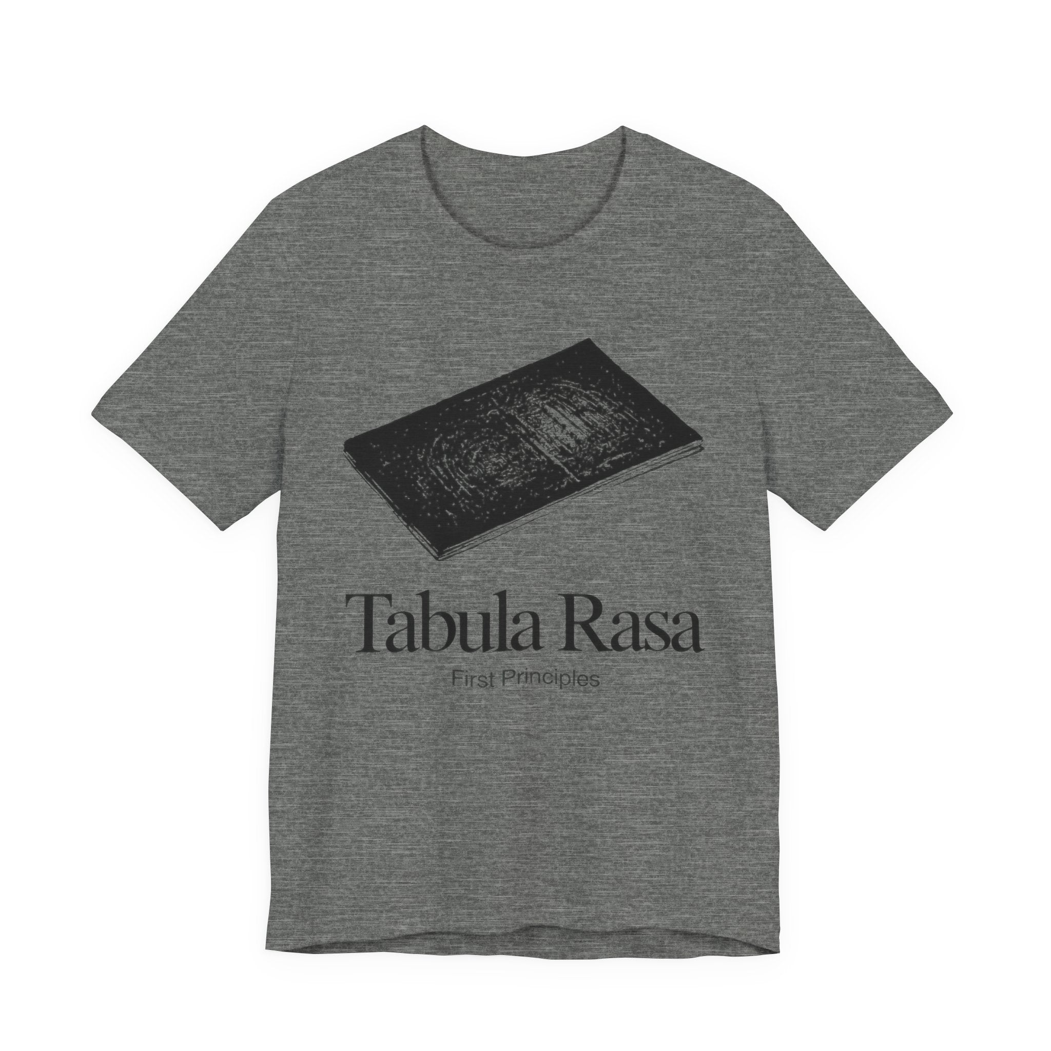 Gray t-shirt with black graphic and 'Tabula Rasa' text on a white background