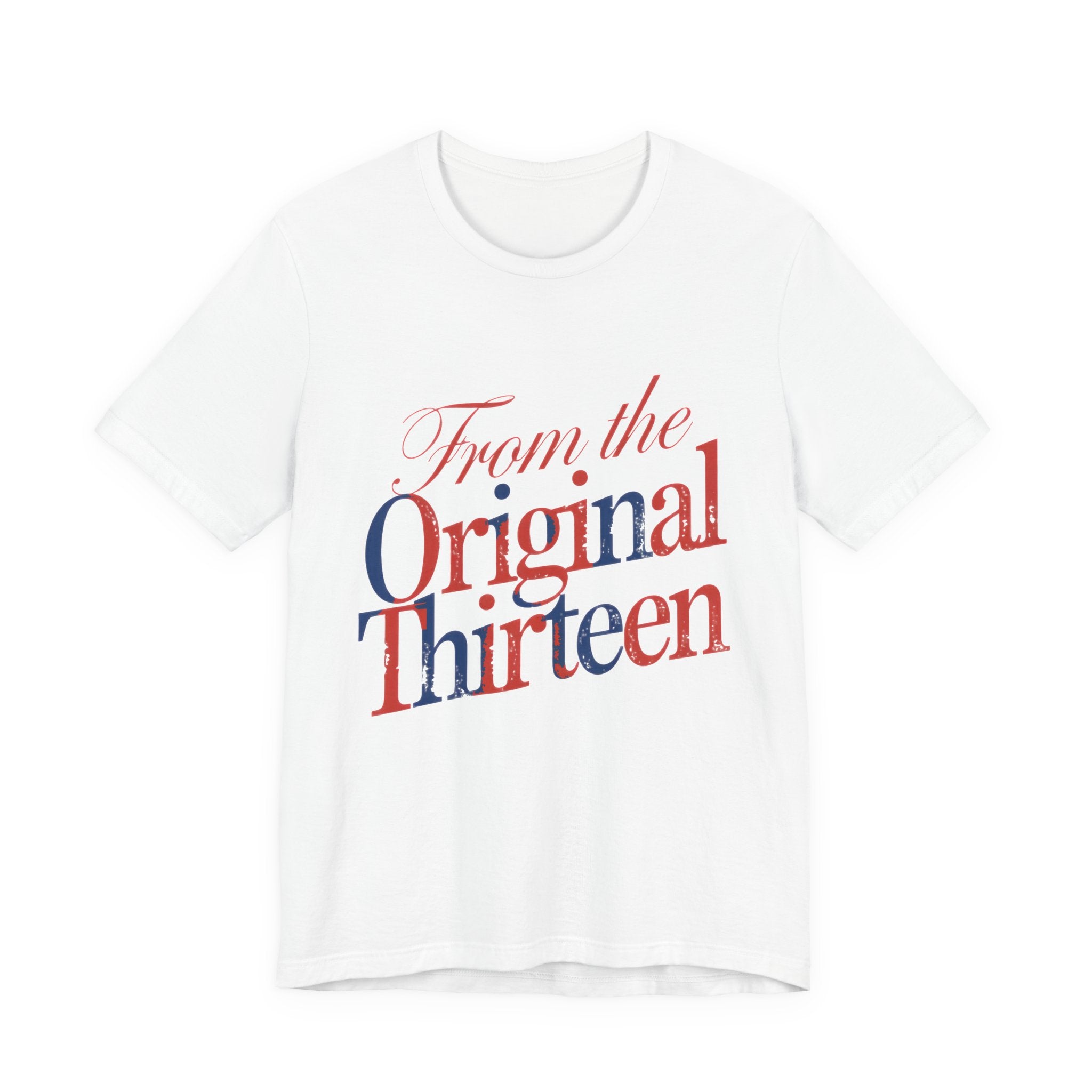 White t-shirt with 'From the Original Thirteen' text in red and blue