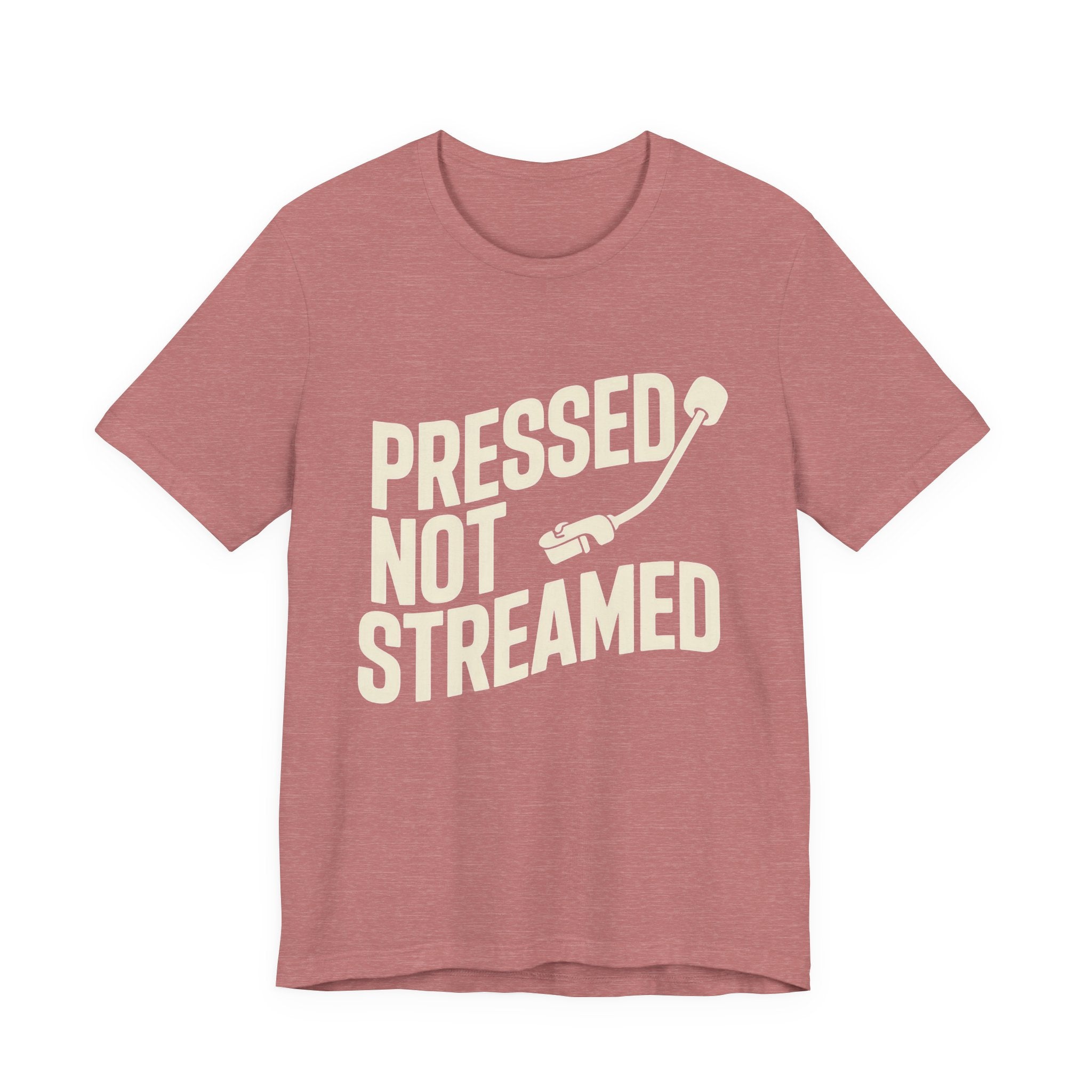 Red t-shirt with 'Pressed Not Streamed' text on a white background