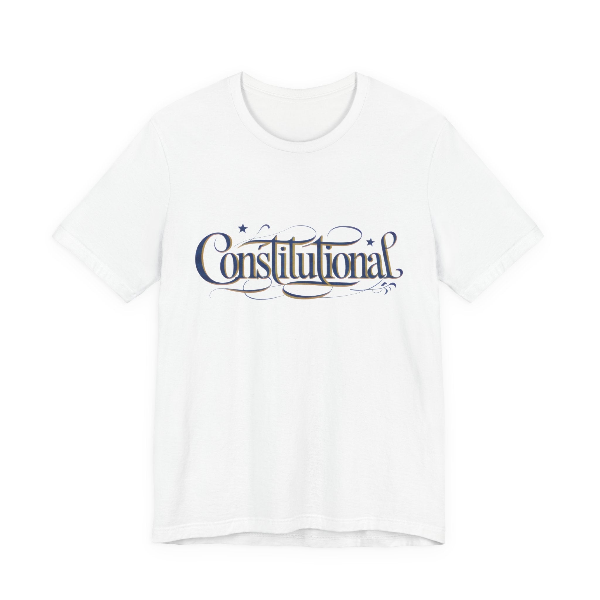 White t-shirt with 'Constitutional' text on a white background