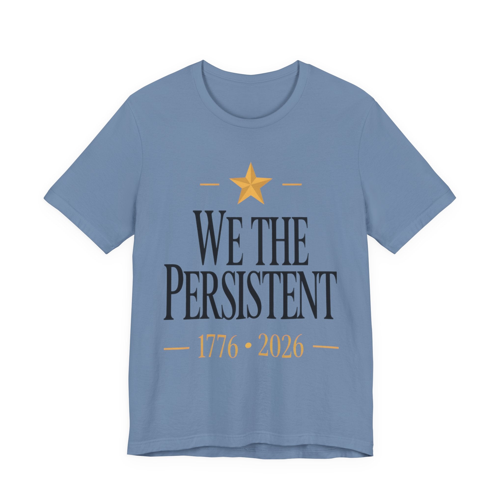 Blue t-shirt with 'We the Persistent' text and a star on a white background