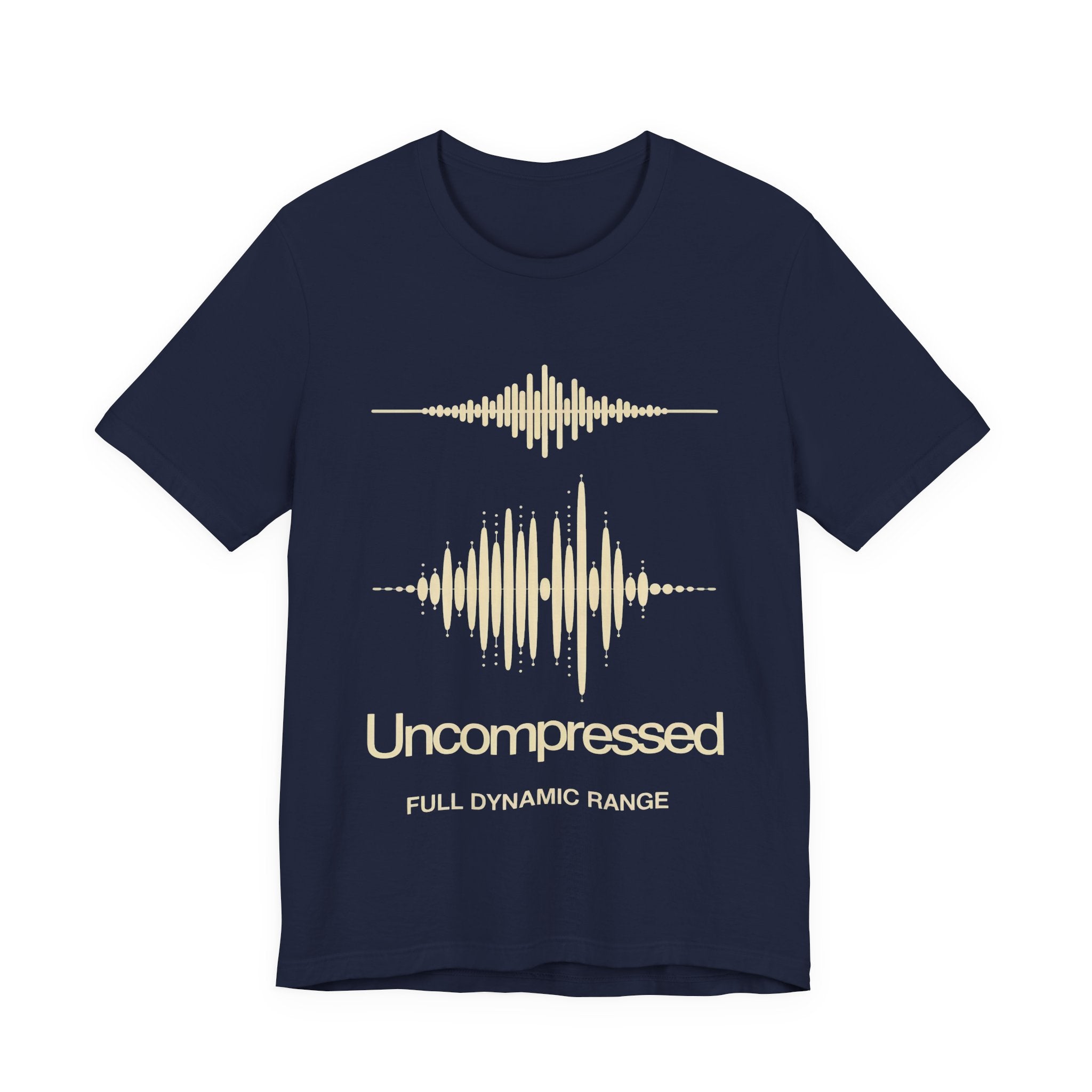 Navy t-shirt with beige sound wave design and 'Uncompressed Full Dynamic Range' text.