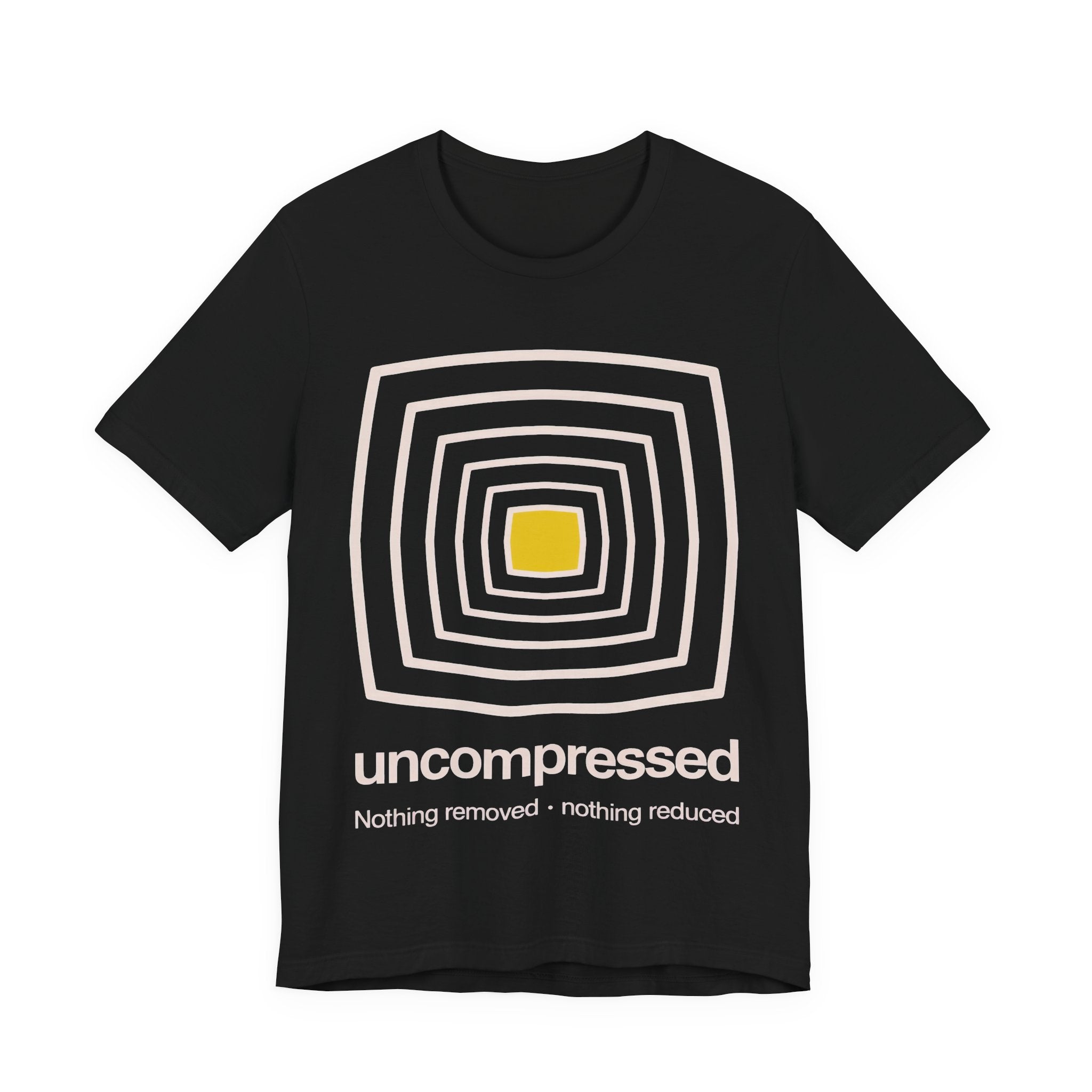 Dark gray t-shirt with geometric design and text 'uncompressed' on a white background
