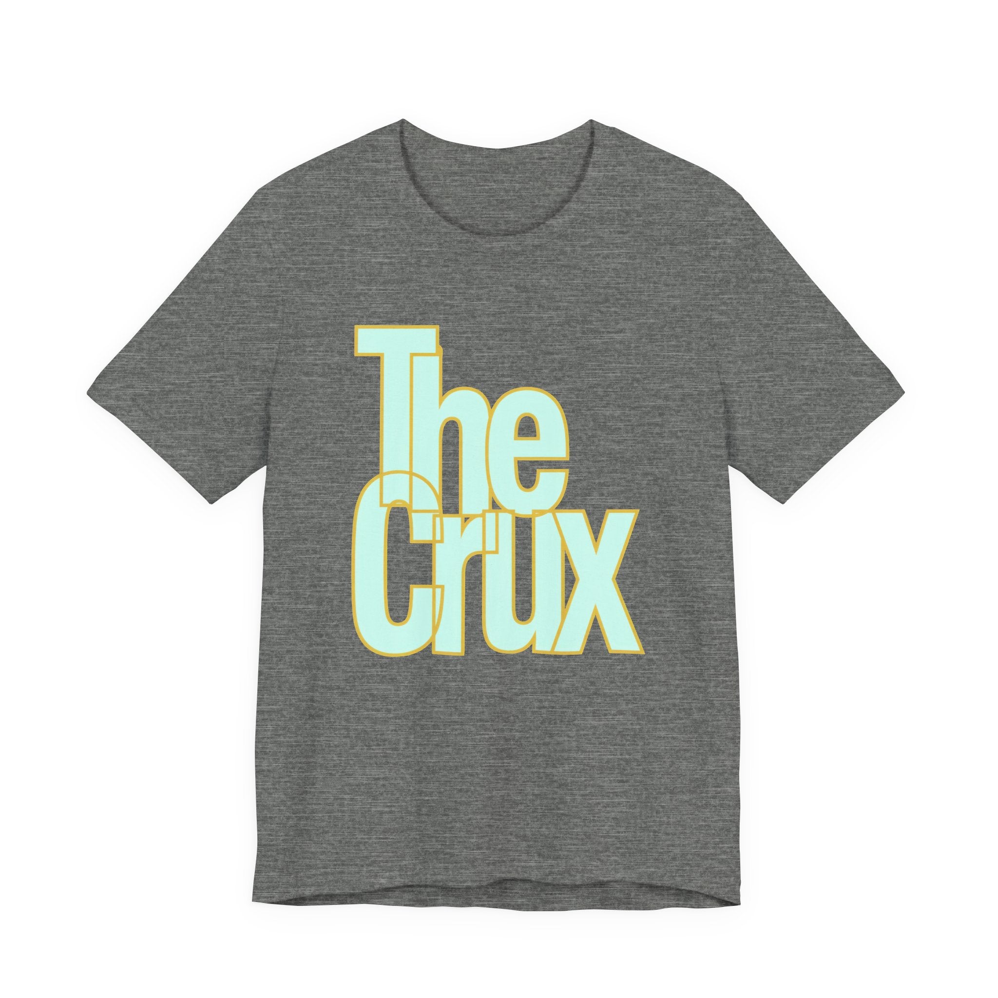 Gray t-shirt with 'The Crux' text on a white background