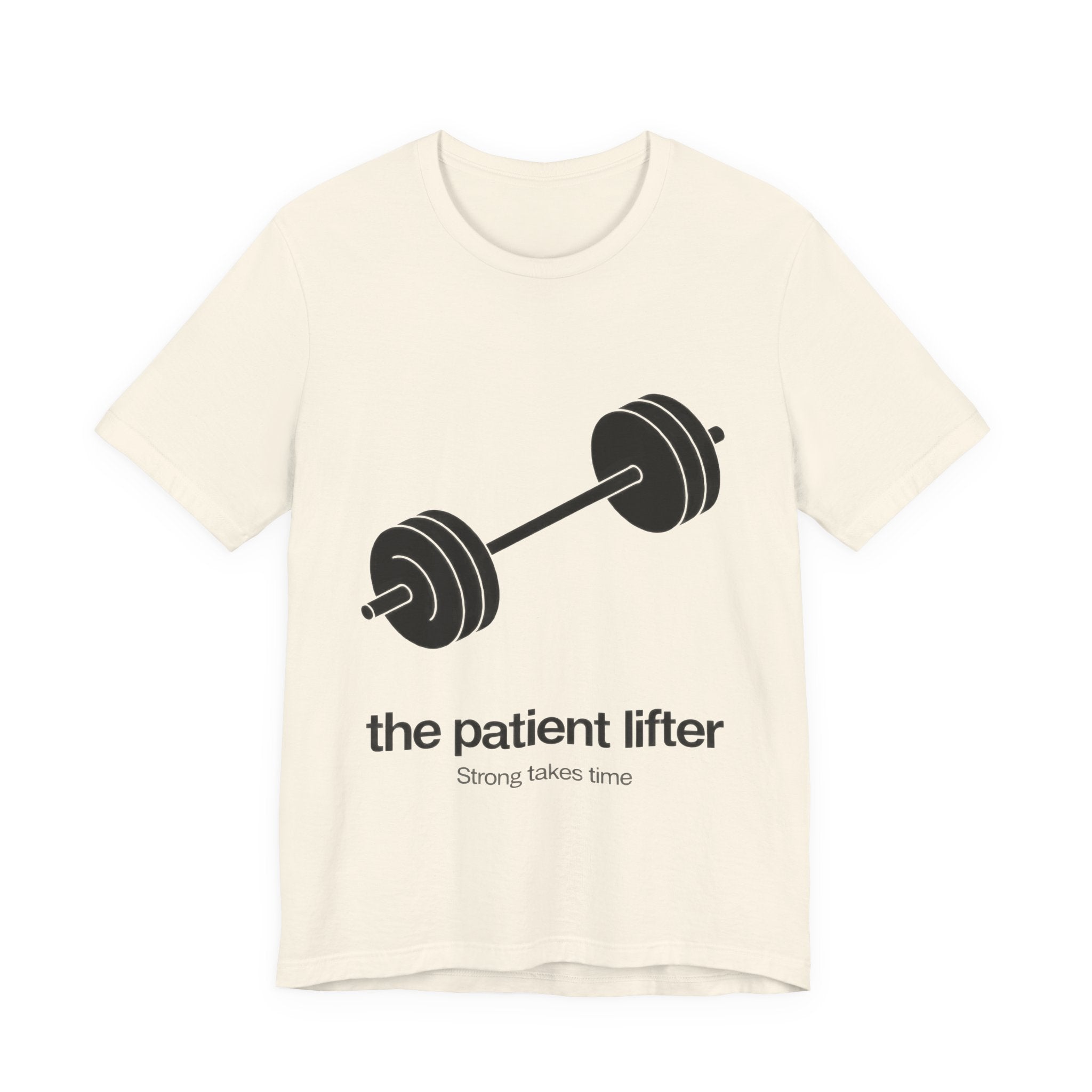 Beige t-shirt with a barbell graphic and 'the patient lifter' text on a white background
