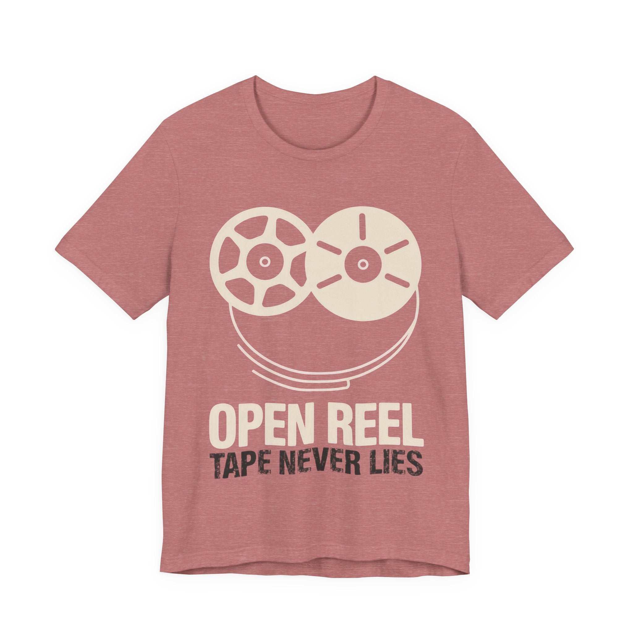 Red t-shirt with reel-to-reel tape graphic and text on a white background