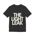 Dark gray t-shirt with 'THE LIGHT LEAK' text on a white background