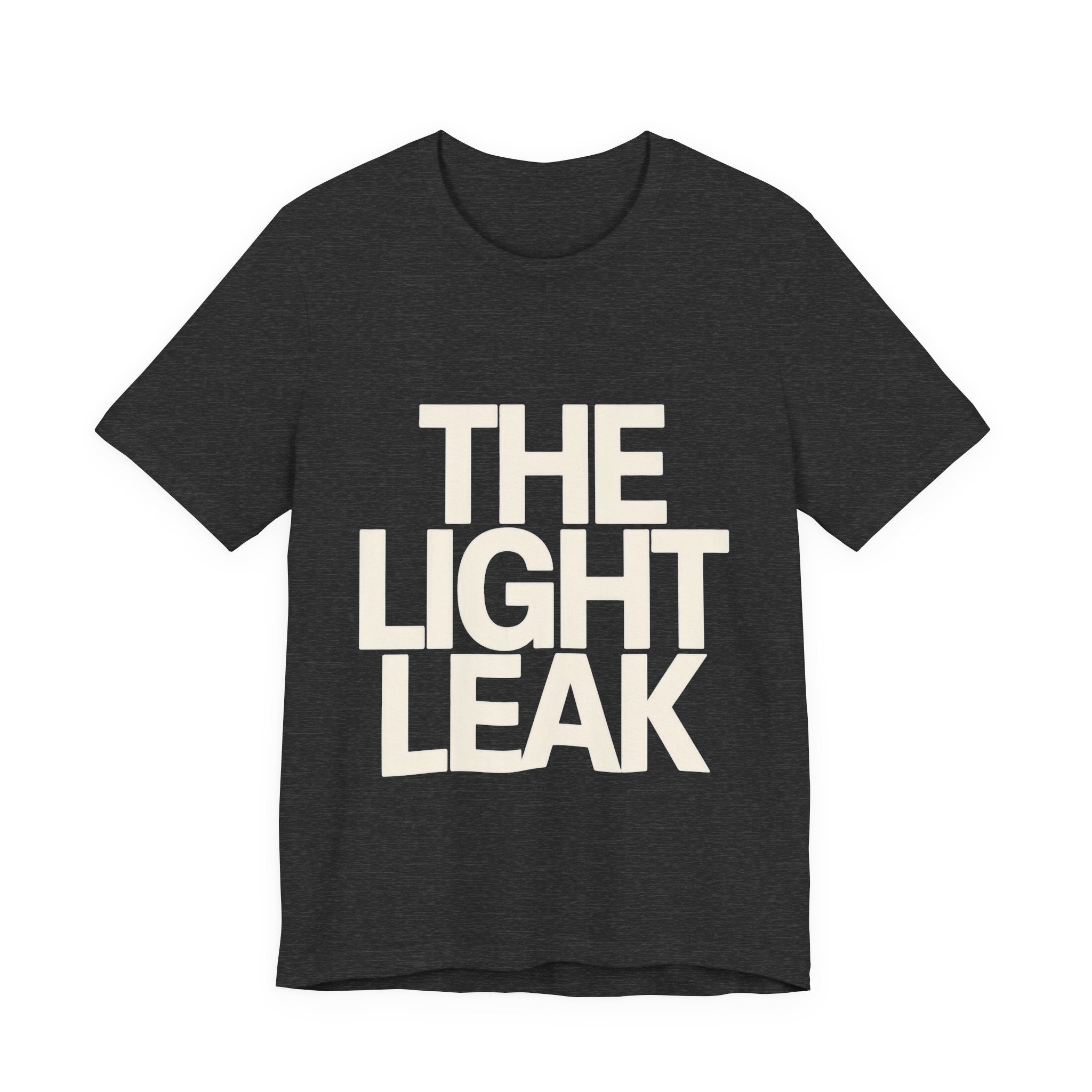 Dark gray t-shirt with 'THE LIGHT LEAK' text on a white background