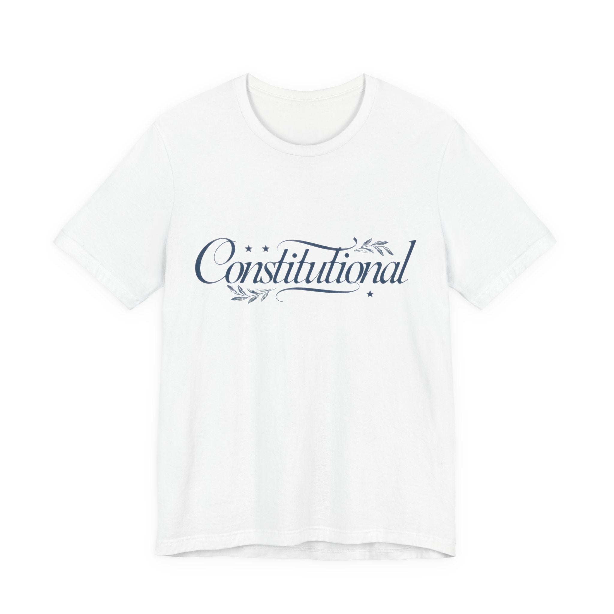 White t-shirt with 'Constitutional' text on a white background