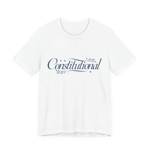White t-shirt with 'Constitutional' text on a white background